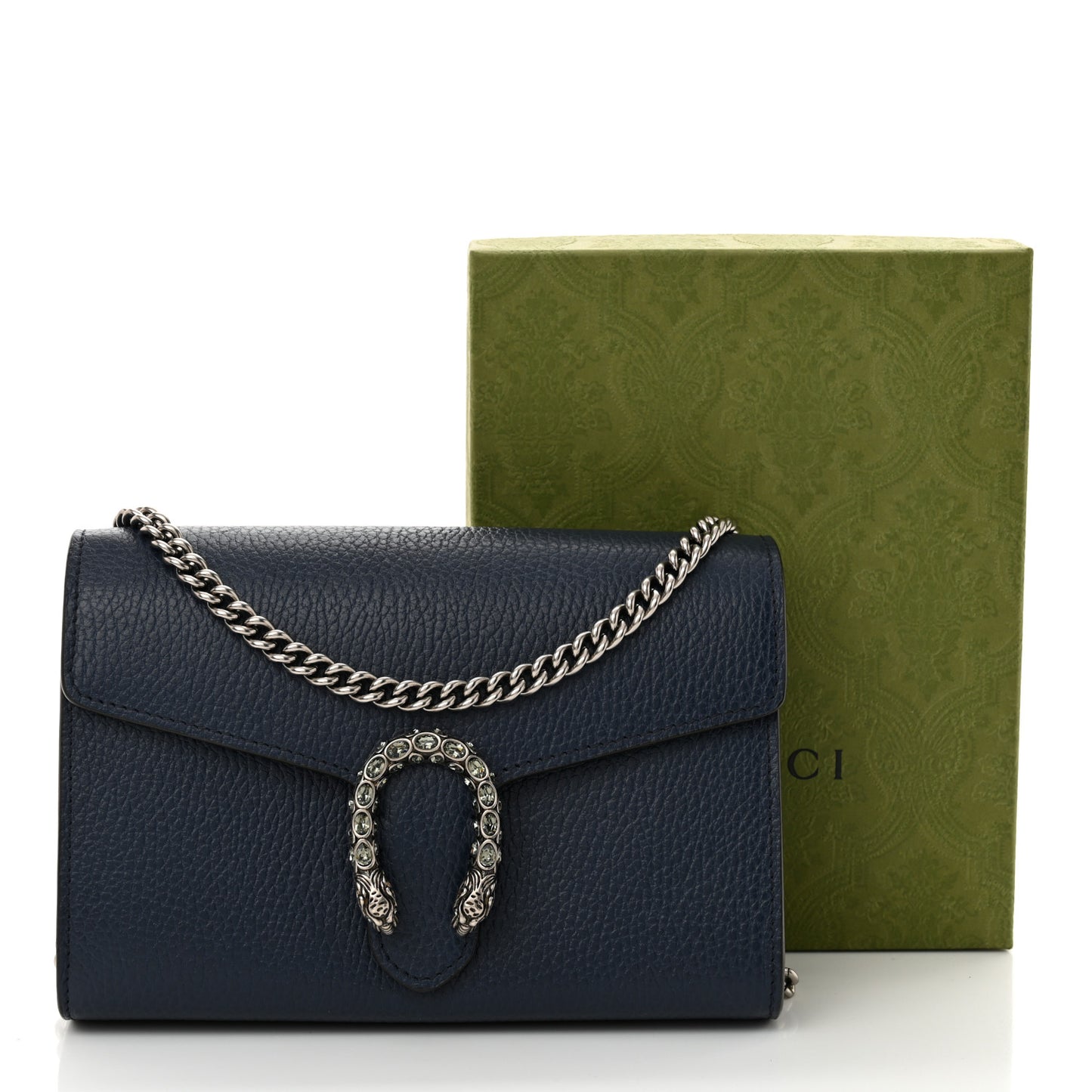 Dollar Calfskin Crystal Mini Dionysus Chain Wallet Blue Agata Black Diamond