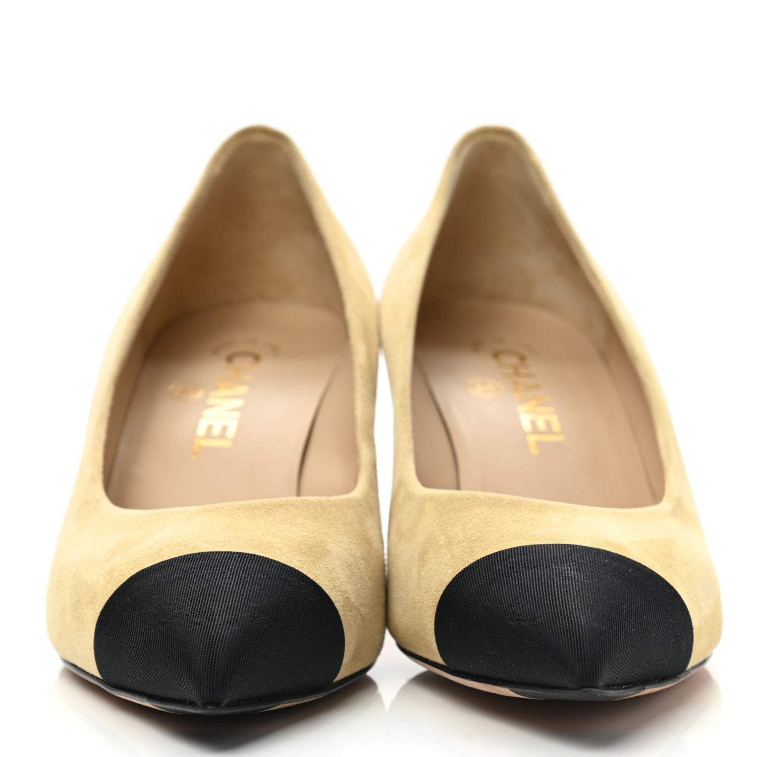 Chanel Kid Suede Grosgrain Cap Toe Pumps 37.5 Beige Black 2 of 8