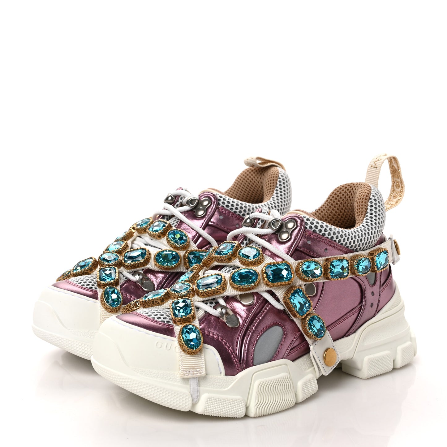 X SEGA Metallic Calfskin Mesh Removable Crystals Womens Flashtrek Sneakers 35.5 Rosa Great 35.5 White Silver