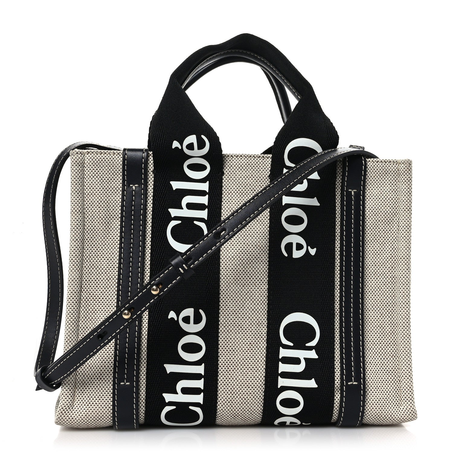 Chloe Cotton Calfskin Small Woody Ribbon Tote With Strap Black Blue 1 of 8
