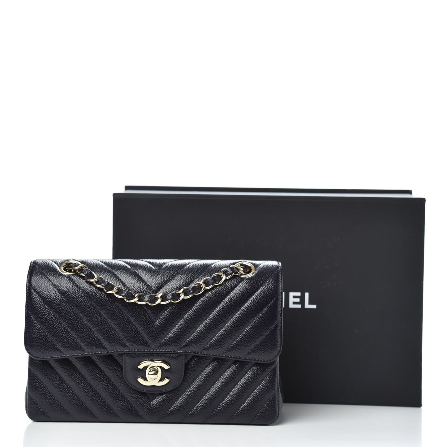 Caviar Chevron Quilted Small Double Flap Navy Blue