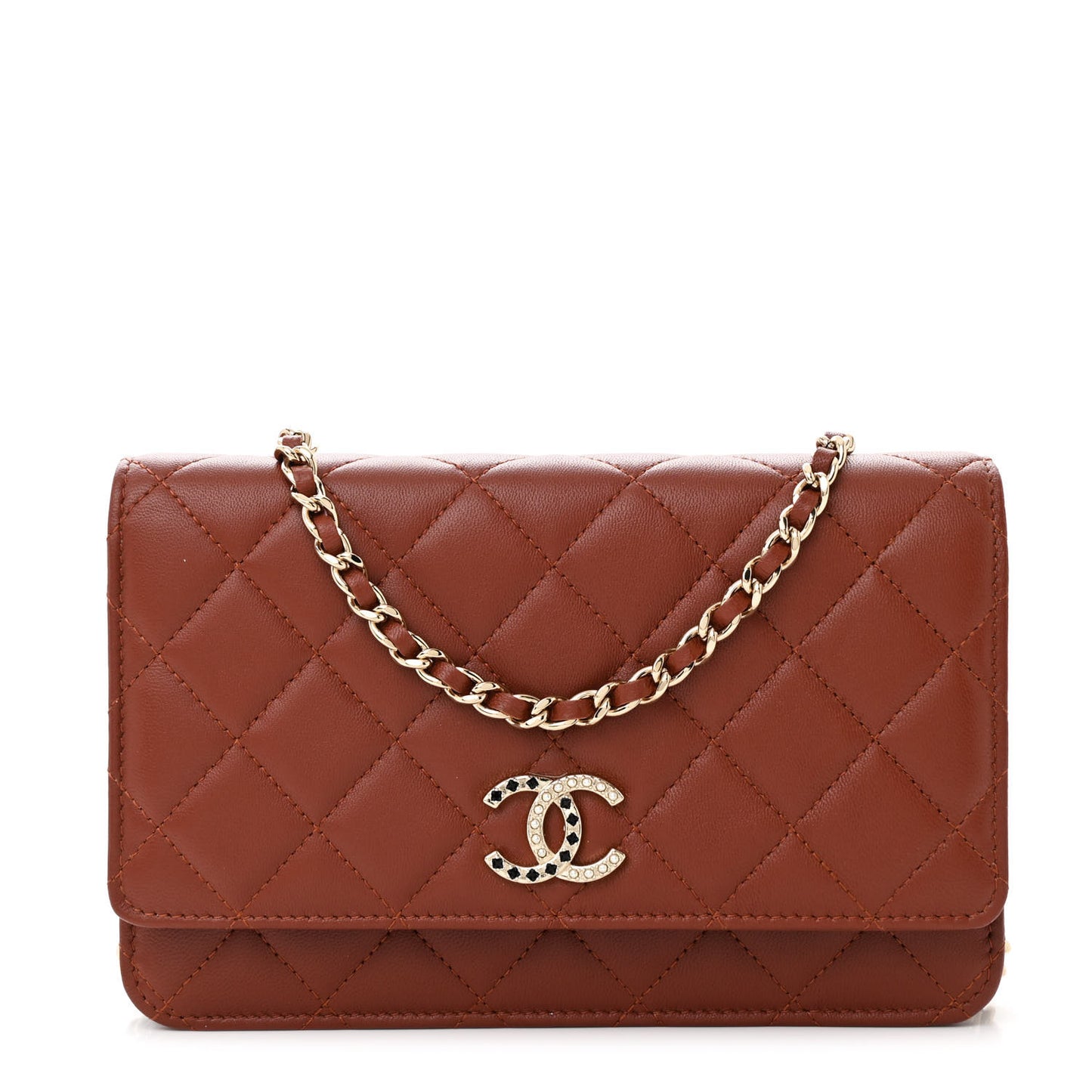 Lambskin Quilted Crystal Pearl CC Wallet On Chain WOC Brown