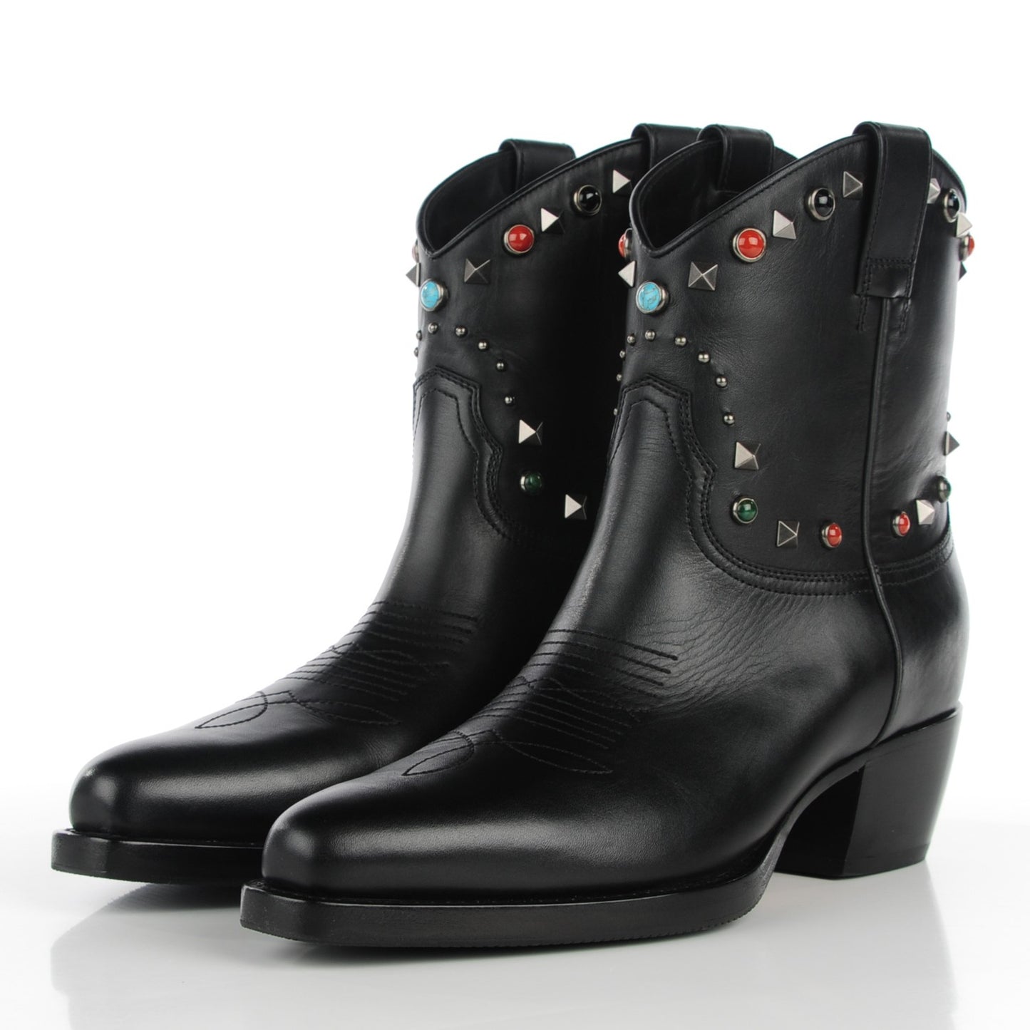 Calfskin Rockstud Rolling Cowboy Ankle Boots 39 Black