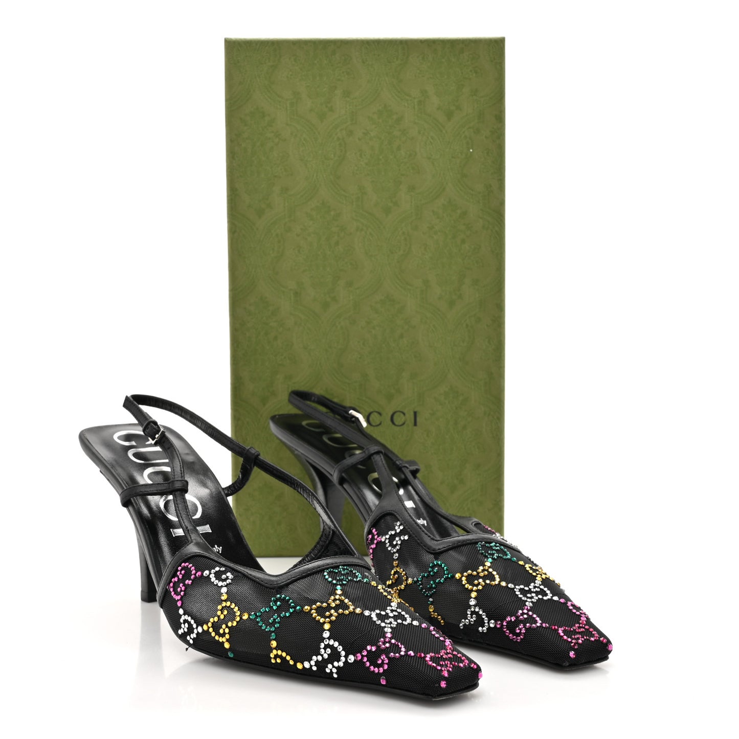 Tela Retino Nappa Charlotte Crystal GG Monogram Square G 75mm Slingback Pumps 40 Black
