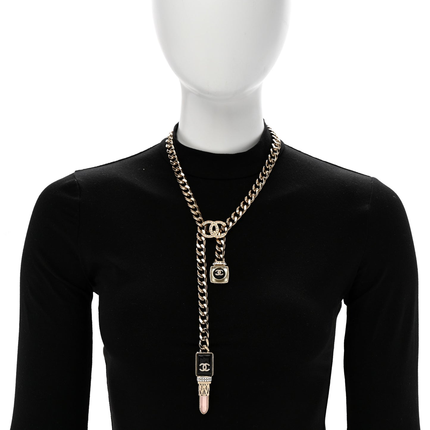 Metal Strass Pearl Lipstick Necklace Pink Gold