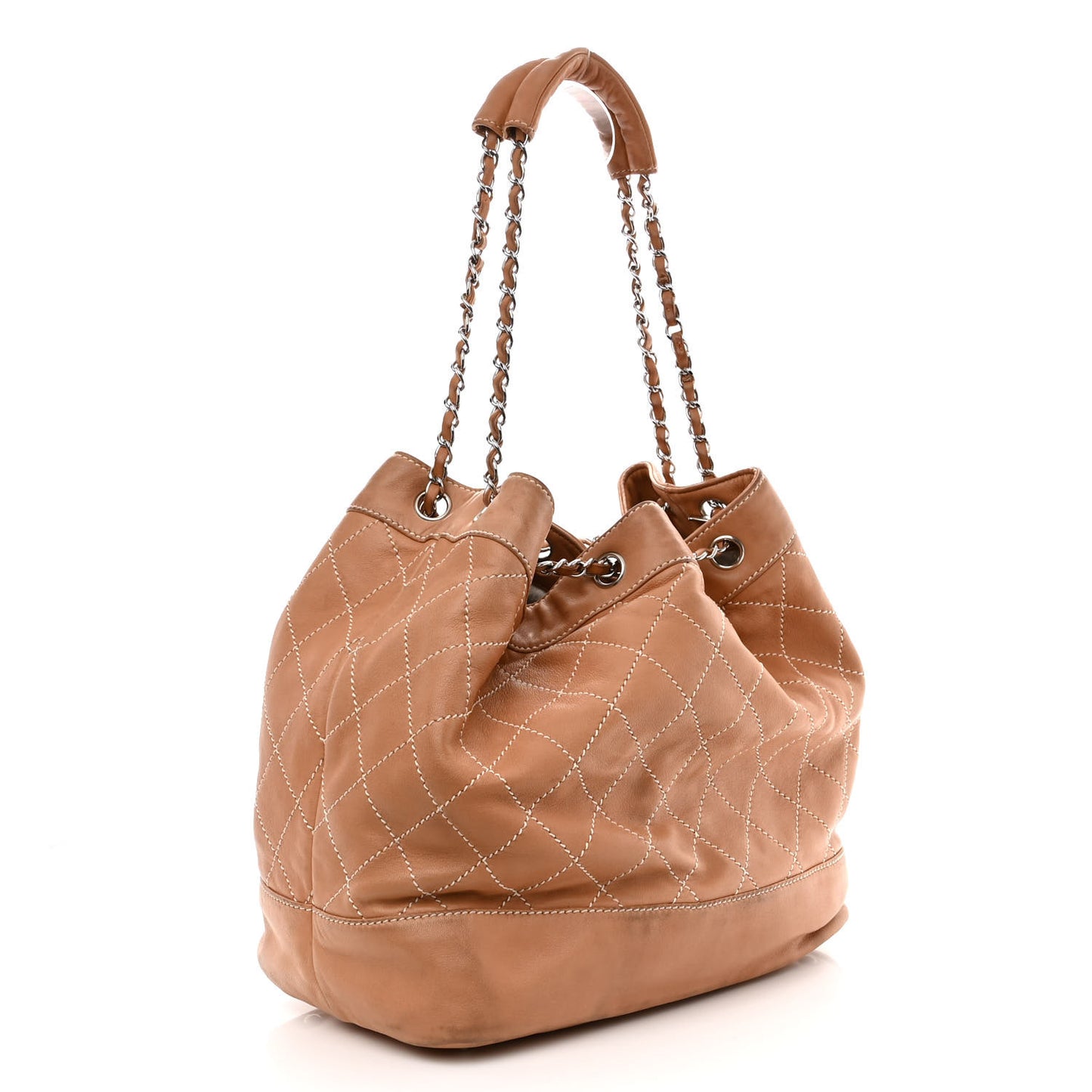 Lambskin Contrast Stitch Large Drawstring Tote Dark Beige
