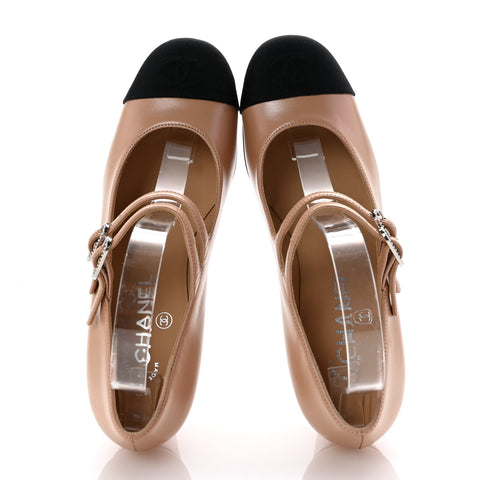 Iridescent Lambskin Grosgrain Pearl Mary Jane Pumps 37 Beige Black
