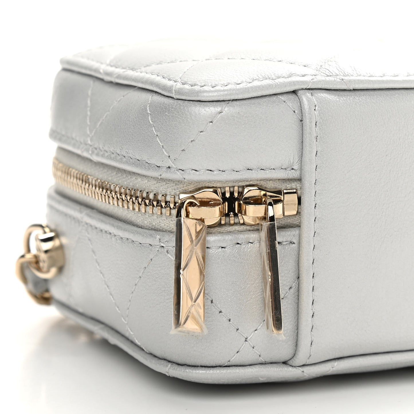 Metallic Lambskin Quilted Top Handle Vanity Case Silver