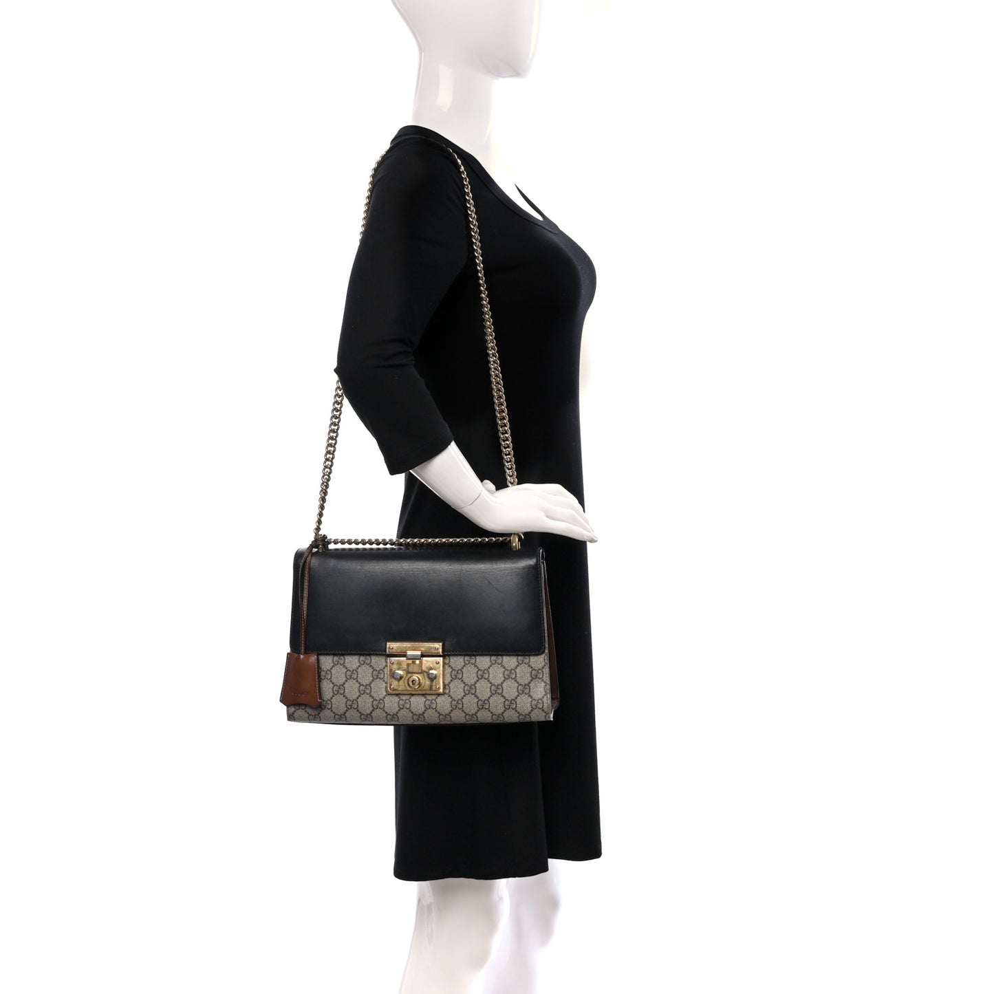 GG Supreme Monogram Calfskin Medium Padlock Shoulder Bag Beige Black Cuir