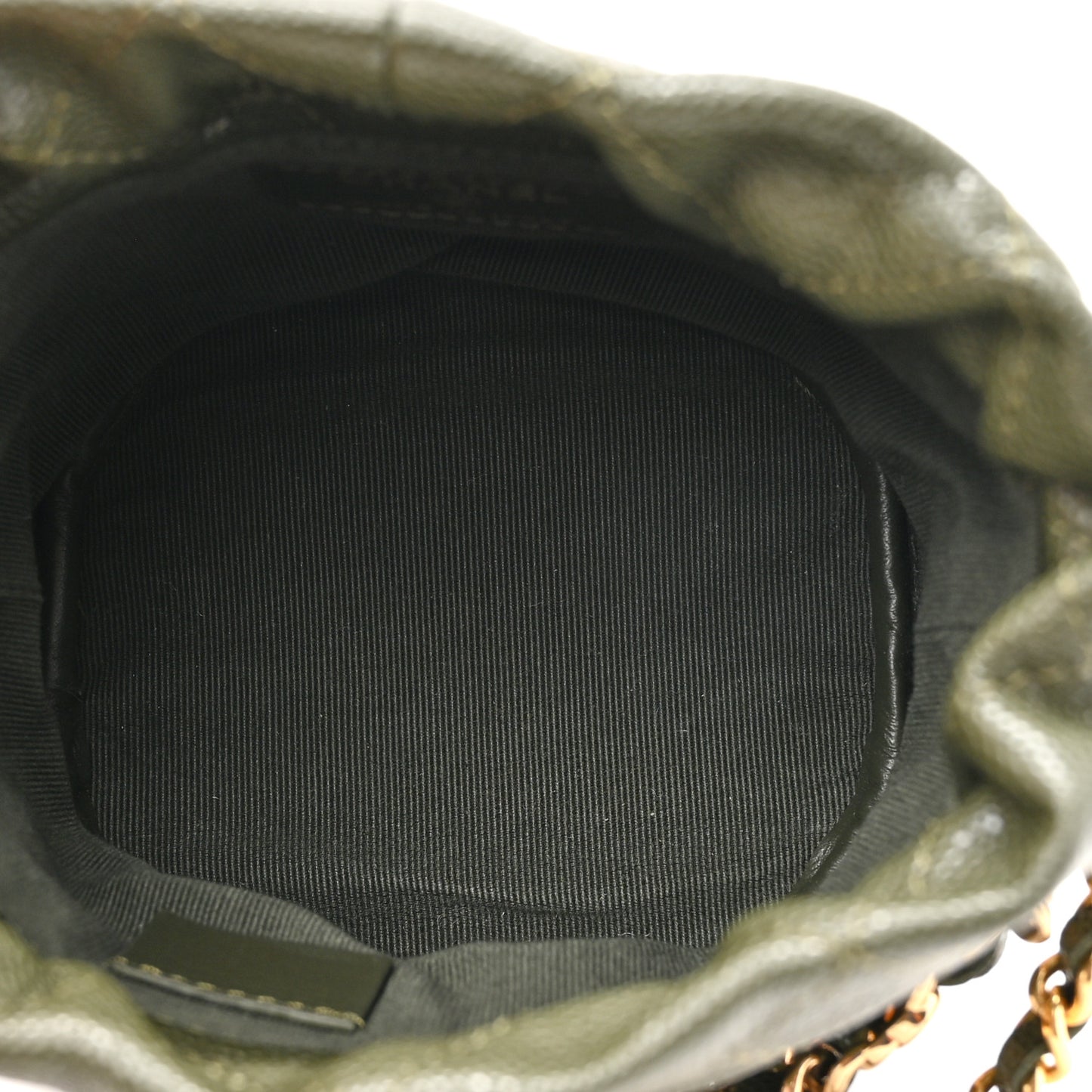 Caviar Quilted Coco First Bucket Clutch With Chain Khaki