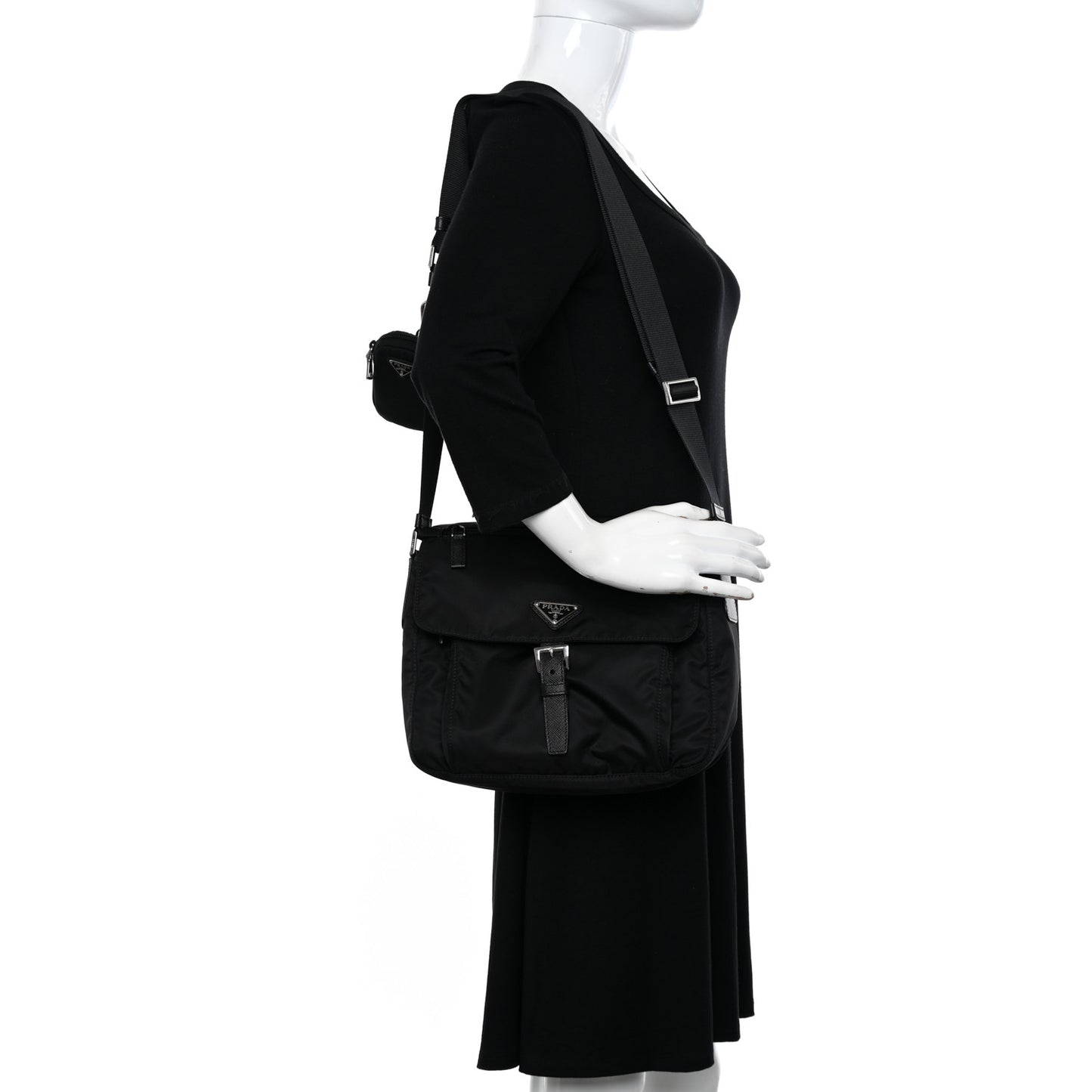 Re-Nylon Vela Saffiano Pocket Single Buckle Messenger Shoulder Bag Black