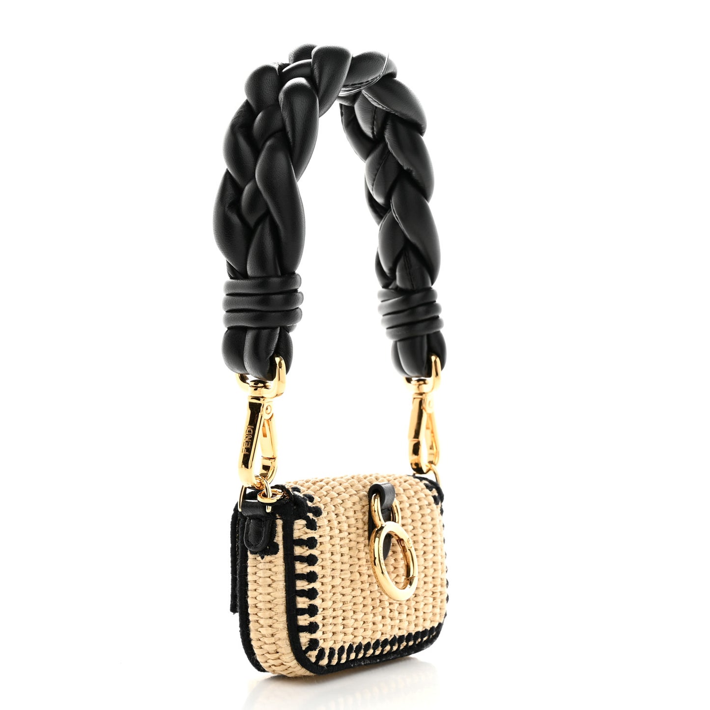 Straw Shiny Nappa Woven Nano Baguette Maxi Handle Charm Natural Black
