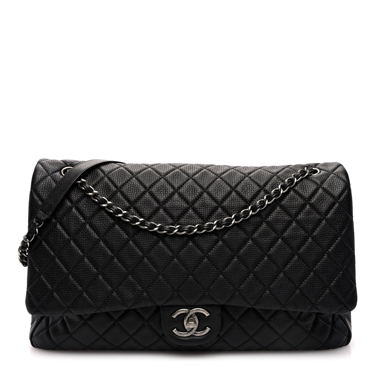 Grained Calfskin Quilted XXL Travel Flap Bag Black