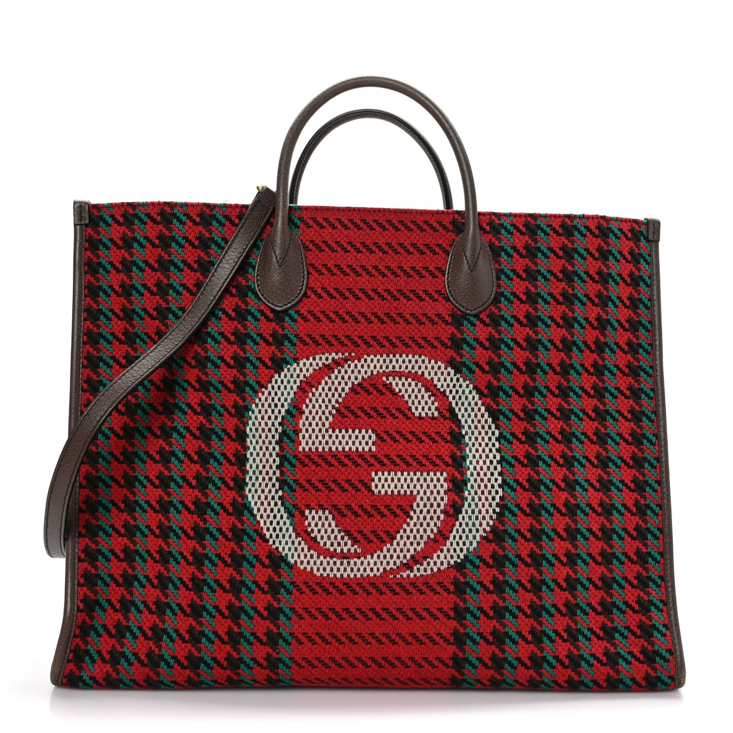 Cotton Wool Textured Calfskin Houndstooth Woven Large Interlocking G Tote Red Green Ivory Multicolor New Acero
