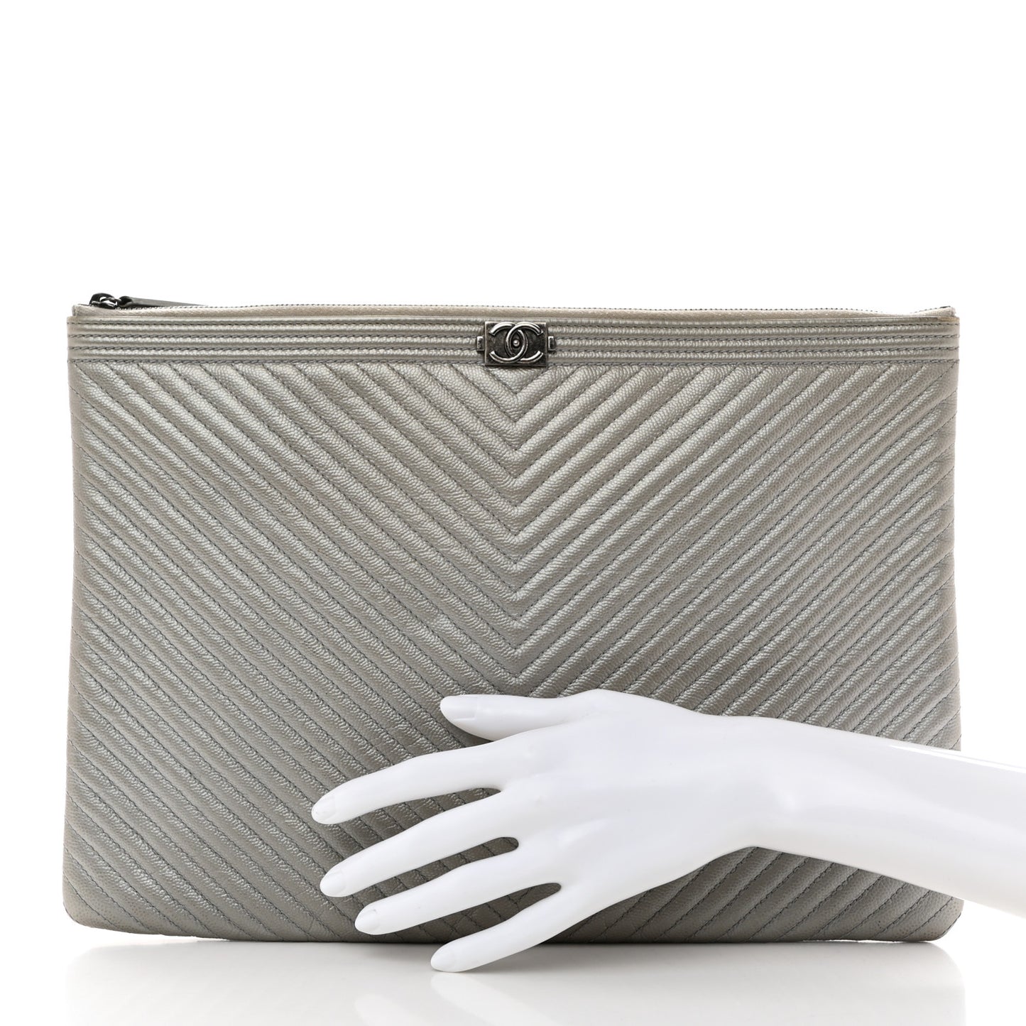 Metallic Caviar Chevron Quilted Large Boy Cosmetic Case Silver