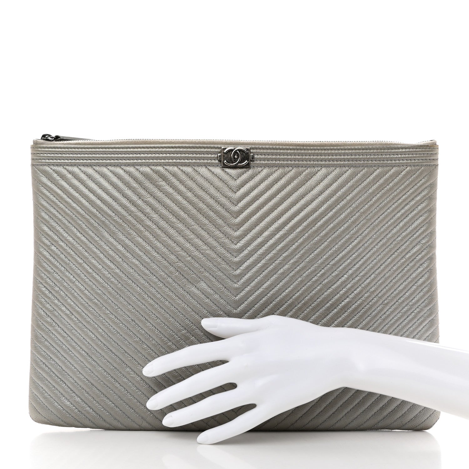 Chanel Metallic Caviar Chevron Quilted Large Boy Cosmetic Case Silver 2 of 9