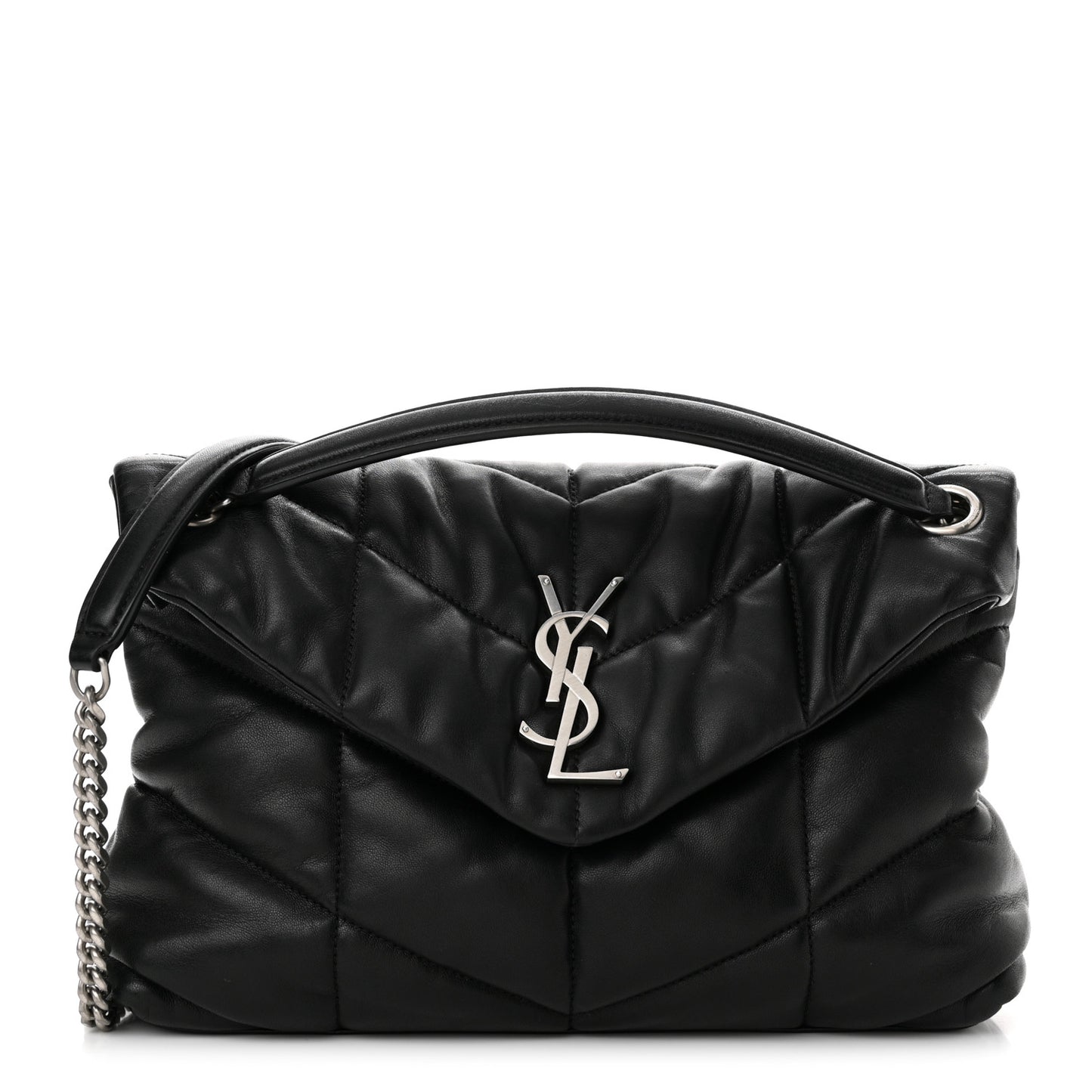 Lambskin Quilted Small Loulou Puffer Monogram Chain Satchel Black