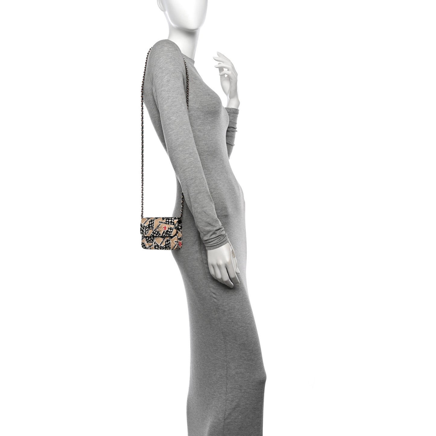 Canvas Check Flag Printed CC Clutch With Chain Beige Multicolor
