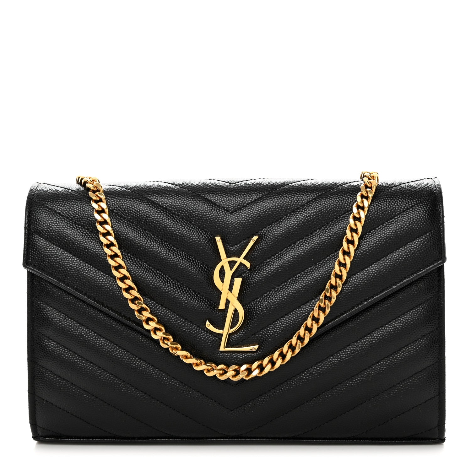 Saint Laurent Grain De Poudre Matelasse Chevron Monogram Chain Wallet Black 1 of 10