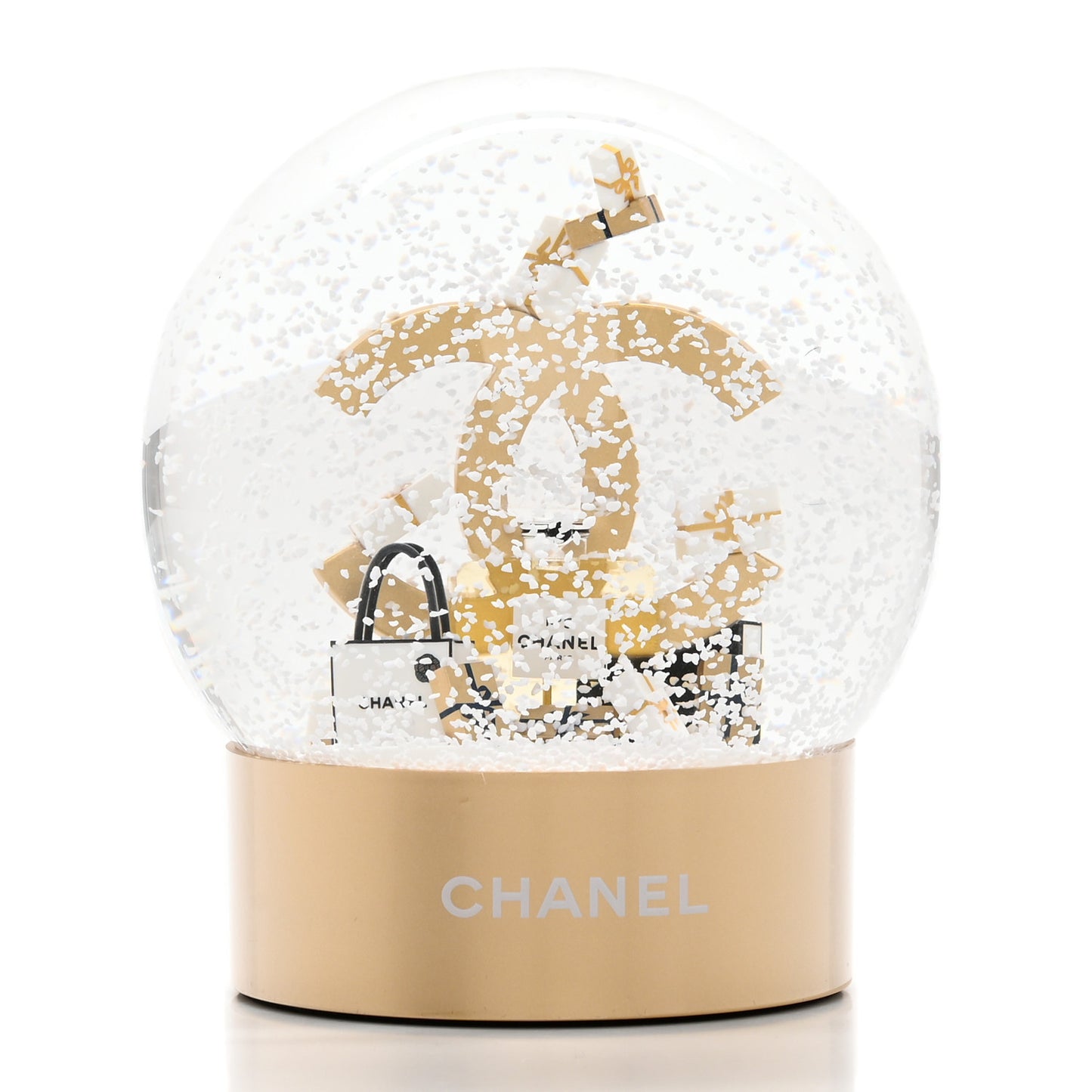 Glass CC Shopping Bag Snow Globe Gold