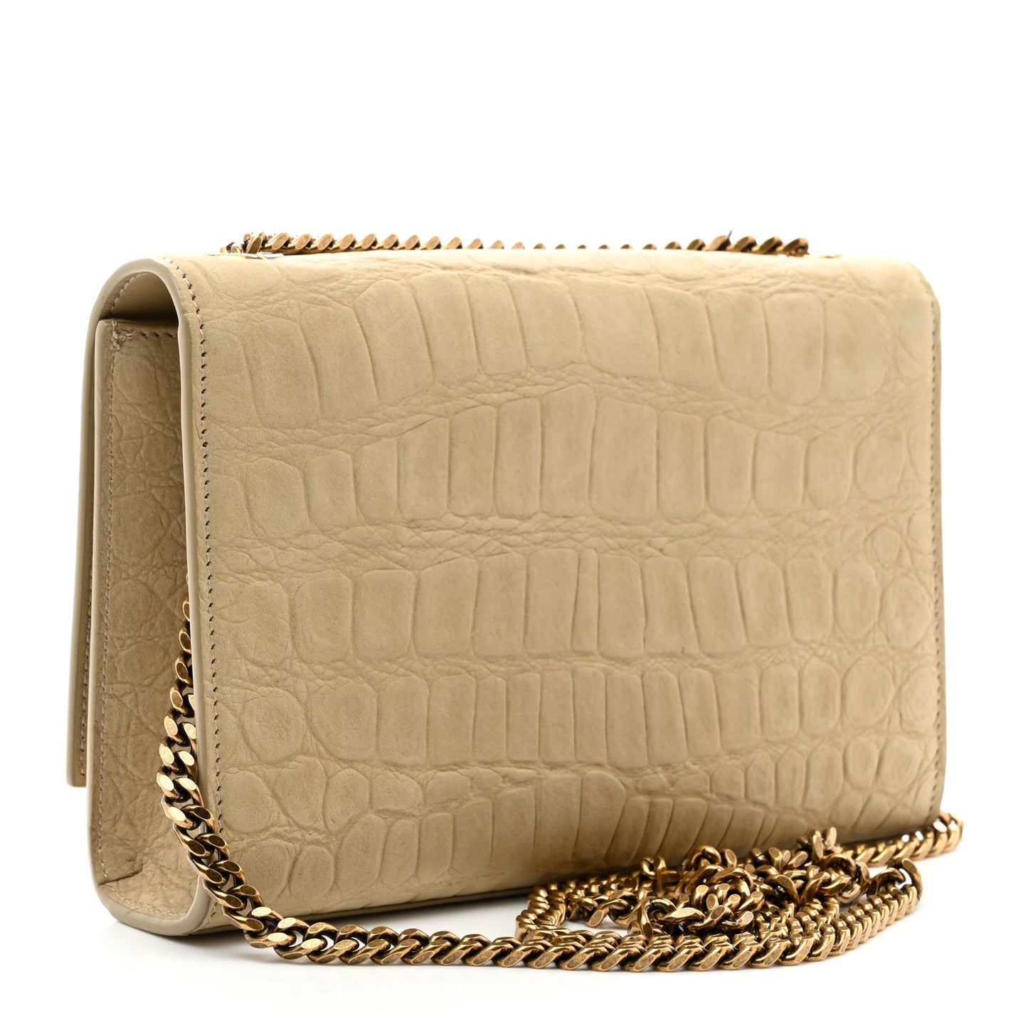 Crocodile Embossed Nubuck Small Monogram Kate Satchel Nougat Beige