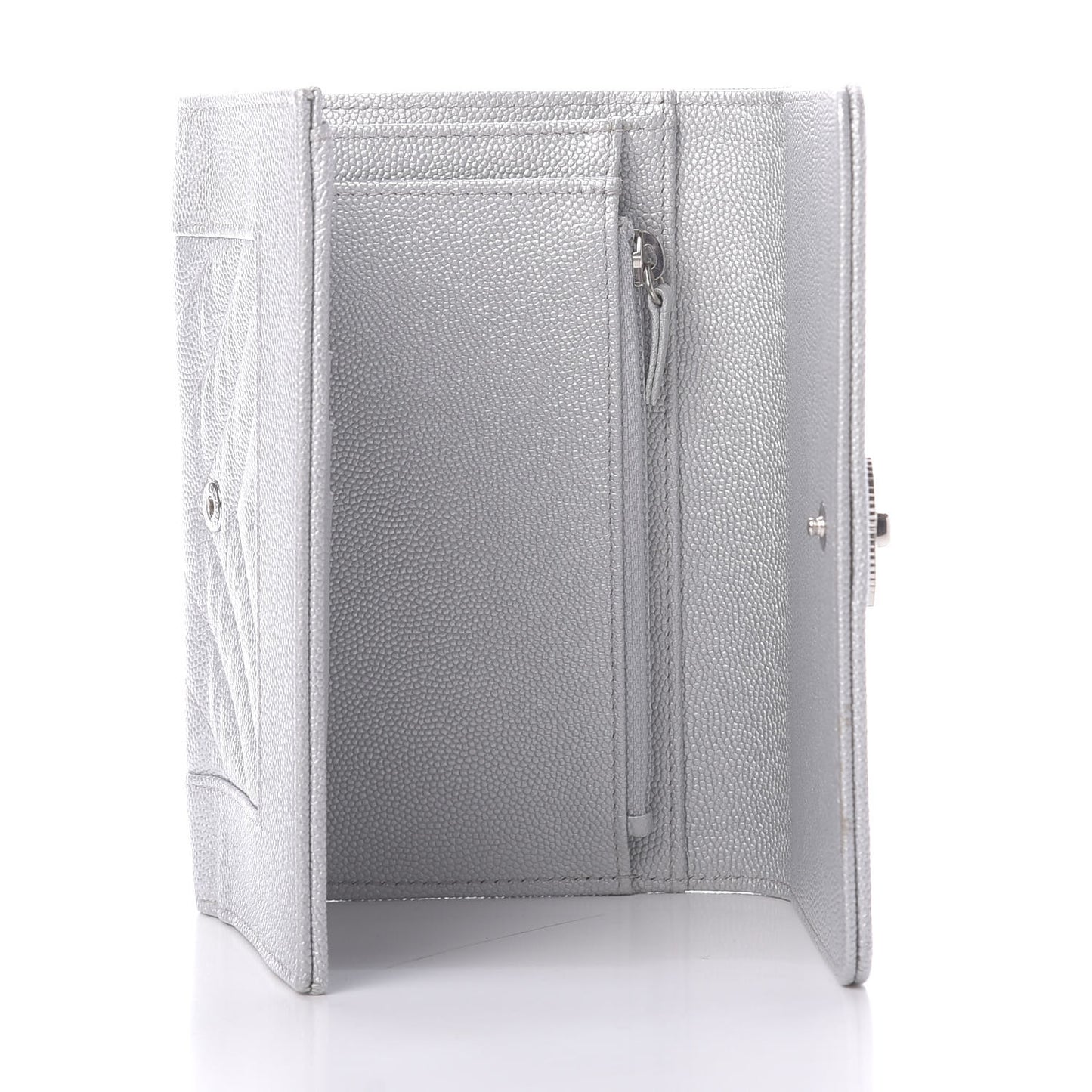 Metallic Caviar Chevron Quilted Mademoiselle Vintage Flap Wallet Silver