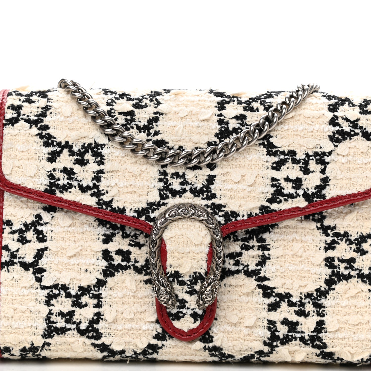 Gucci Tweed GG Monogram Mini Dionysus Chain Wallet White Black Romantic Cherry 7 of 10