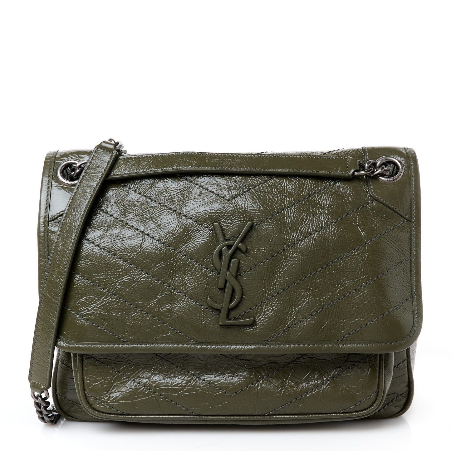 Crinkled Lambskin Matelasse Monogram Medium Niki Chain Satchel Military Olive