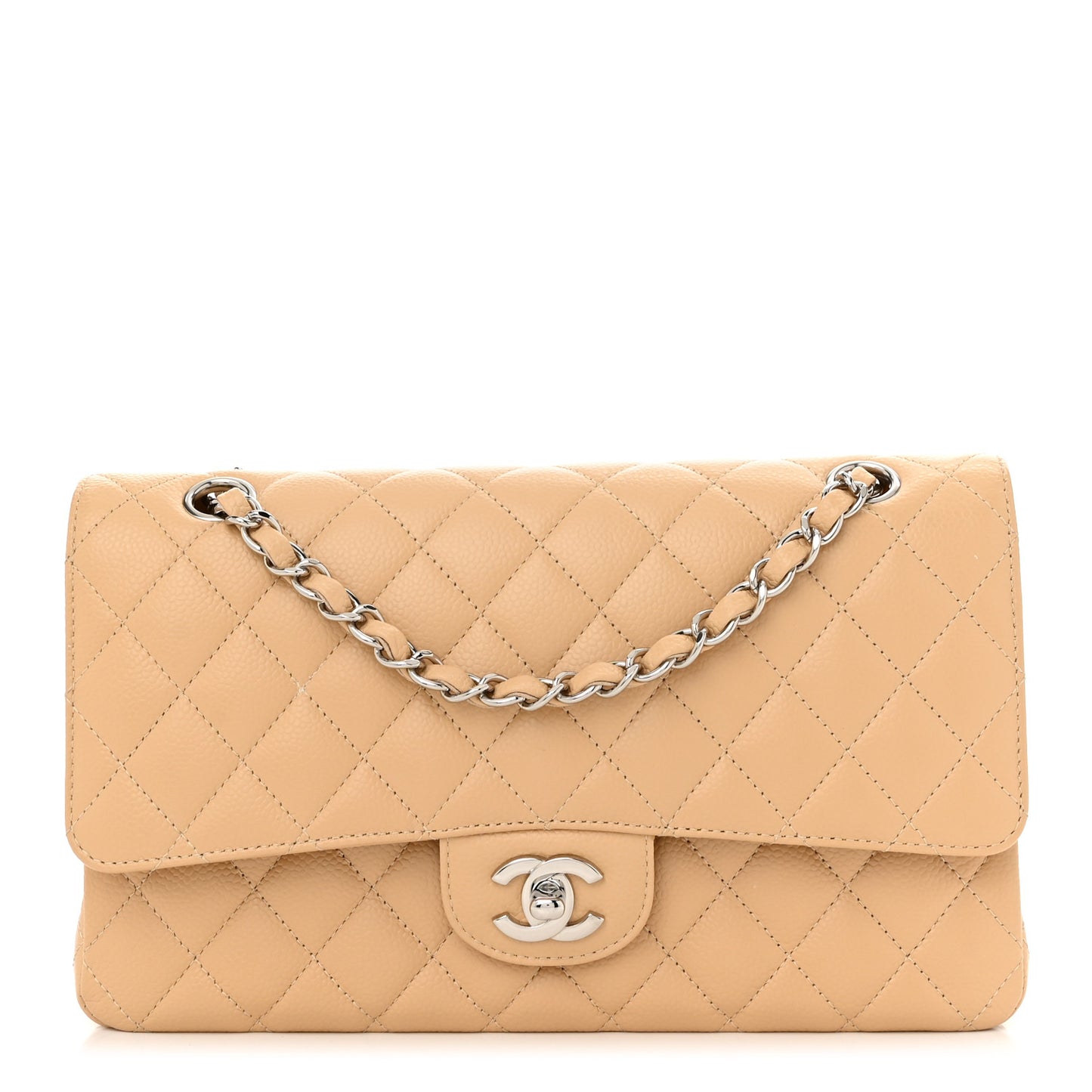 Caviar Quilted Medium Double Flap Beige
