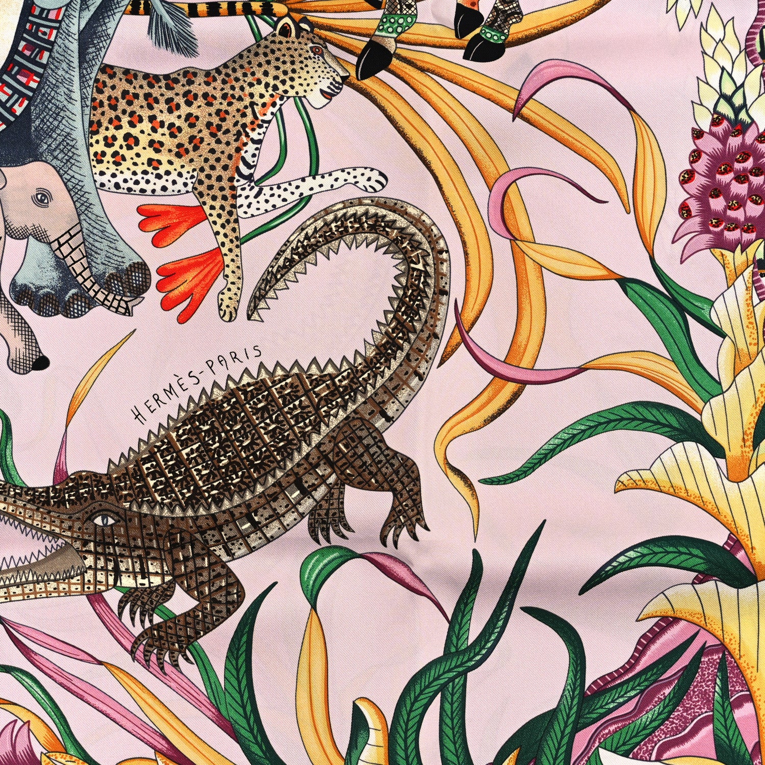 Hermes Silk La Marche Du Zambeze Scarf 90 Rose Pale Vert Jaune 3 of 3