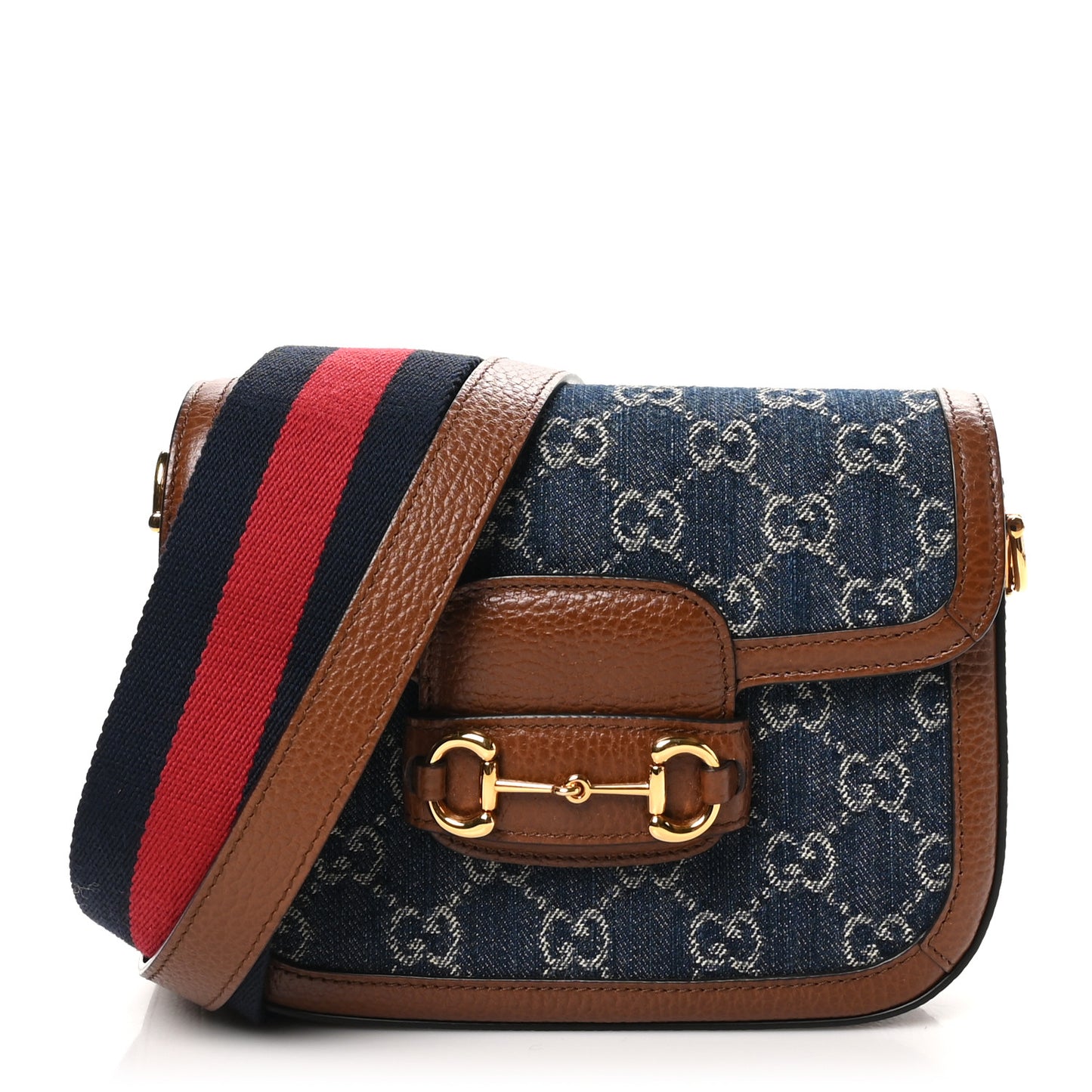 New Denim GG Monogram Dollar Calfskin Web Mini Horsebit 1955 Shoulder Bag Blue Tea Cuir Epilog