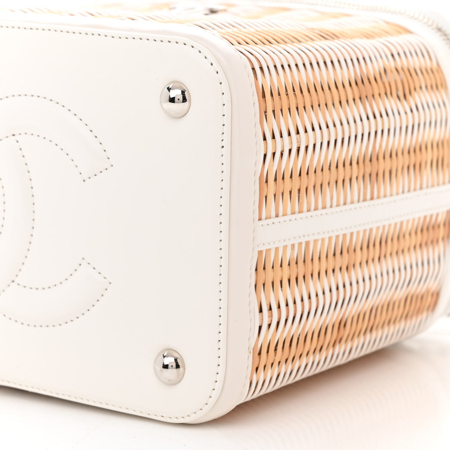 Glazed Calfskin Raffia Vanity Case Bag White Beige