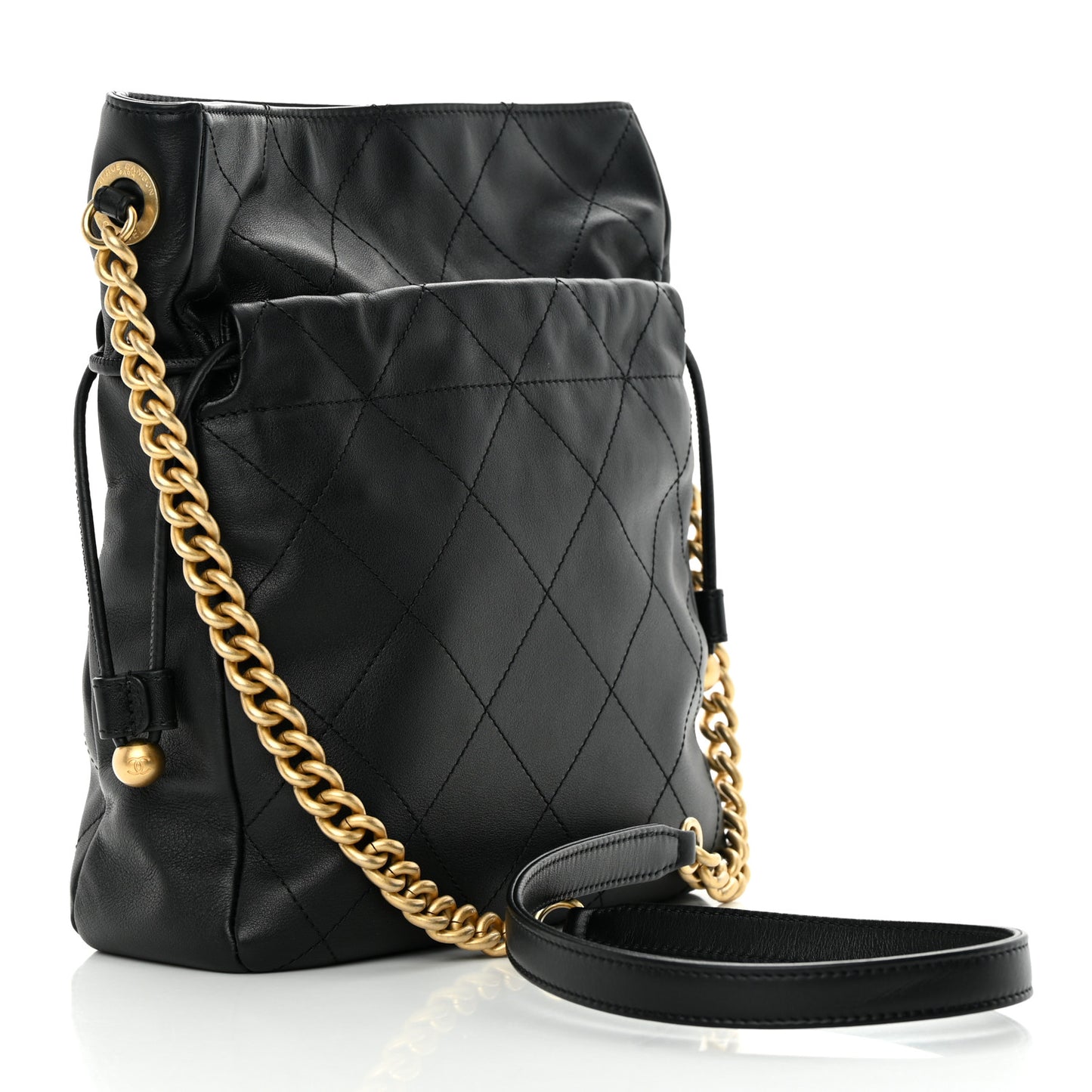 Calfskin Quilted Drawstring Bucket Bag Black