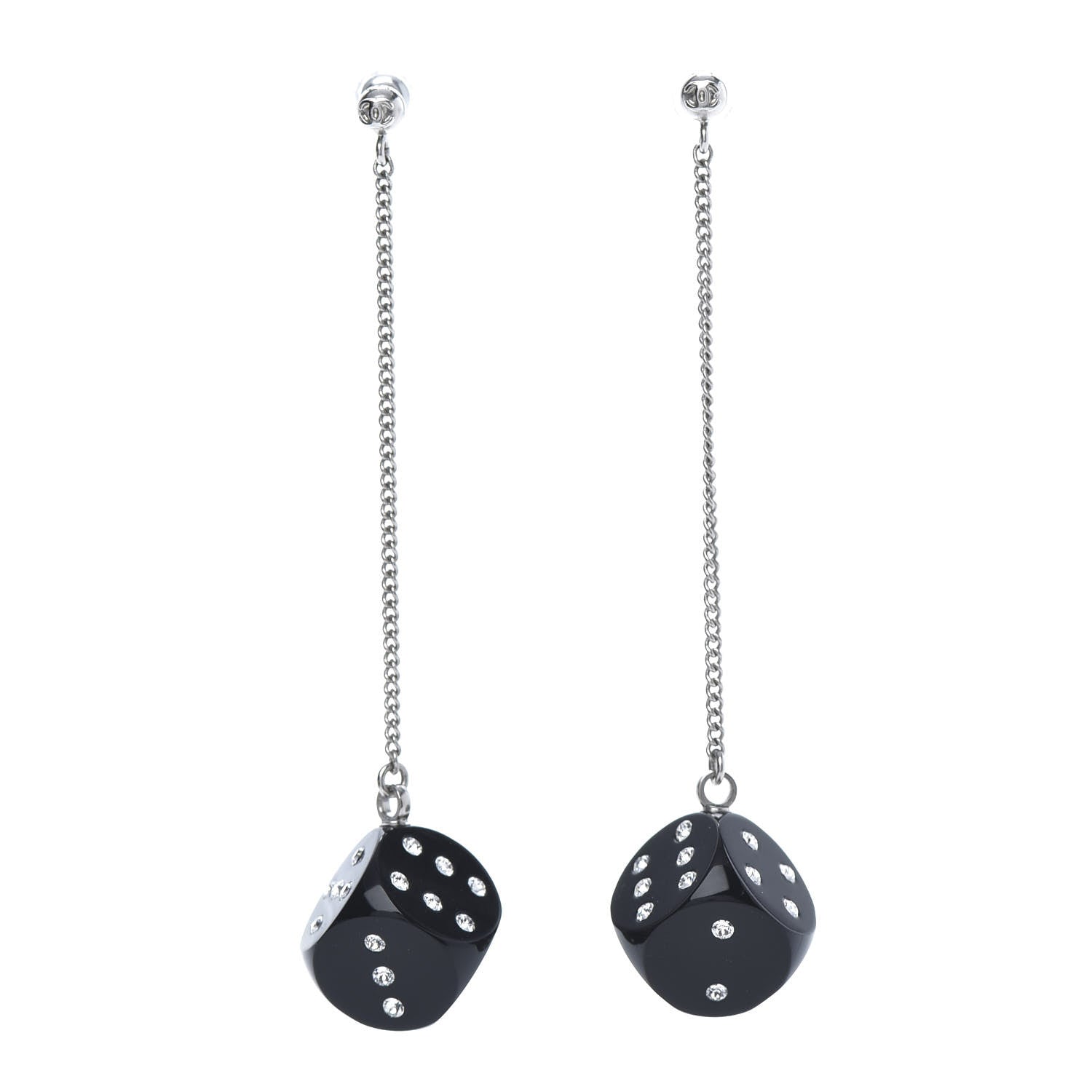 Chanel Crystal Resin CC Dice Drop Earrings Silver Black 1 of 6
