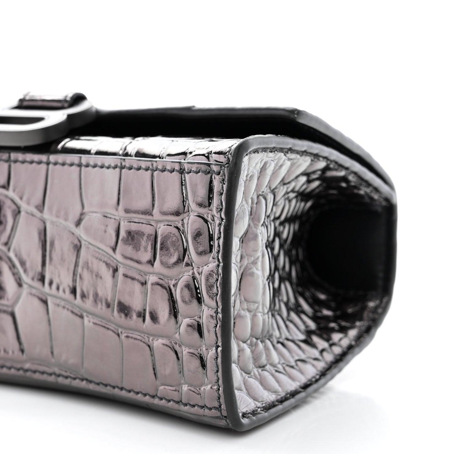 Metallic Shiny Calfskin Crocodile Embossed Hourglass Top Handle Bag XS Gunmetal