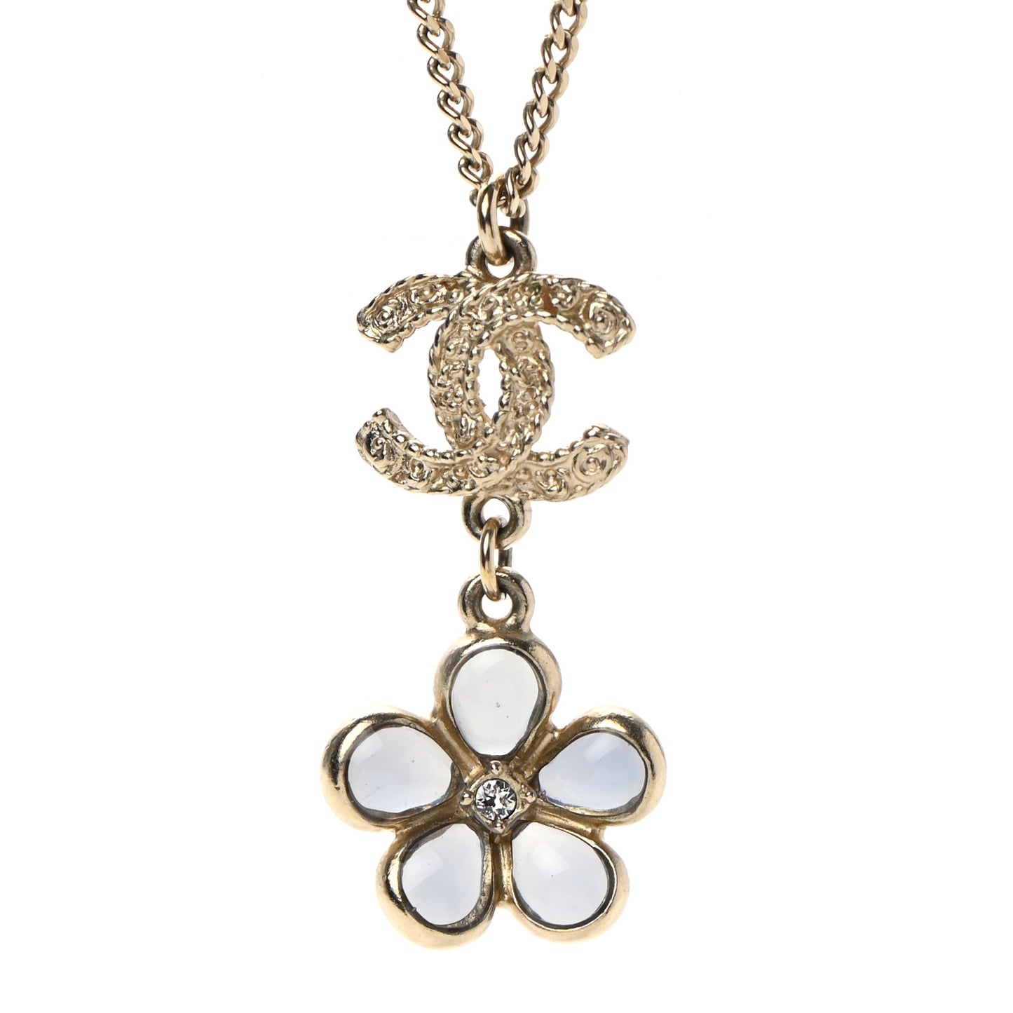 Metal Resin Diamante CC Flower Necklace Gold