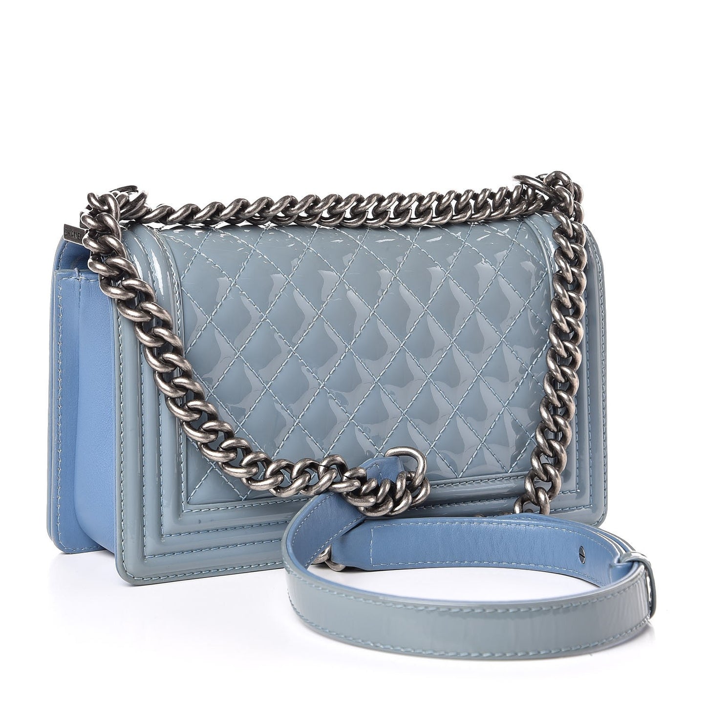 Patent Calfskin Medium Plexiglass Boy Flap Light Blue