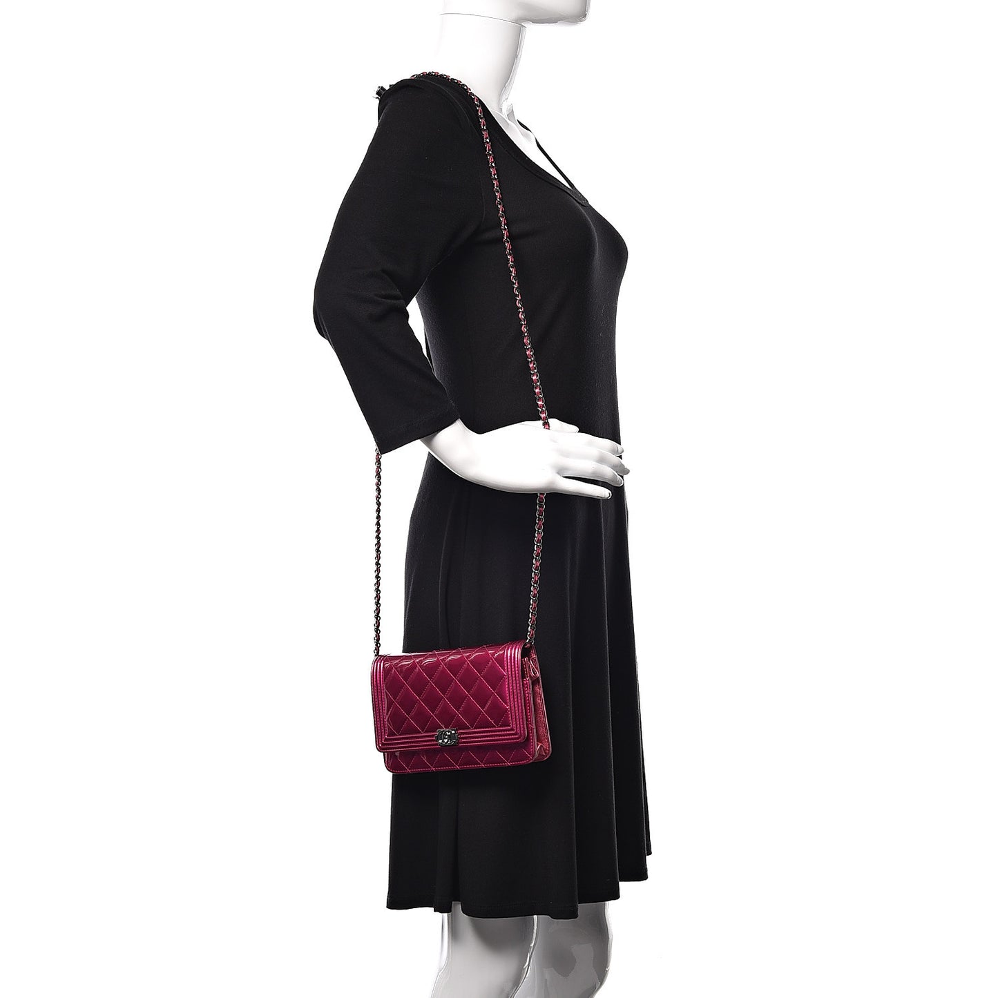 Metallic Patent Calfskin Quilted Boy Wallet On Chain WOC Fuchsia