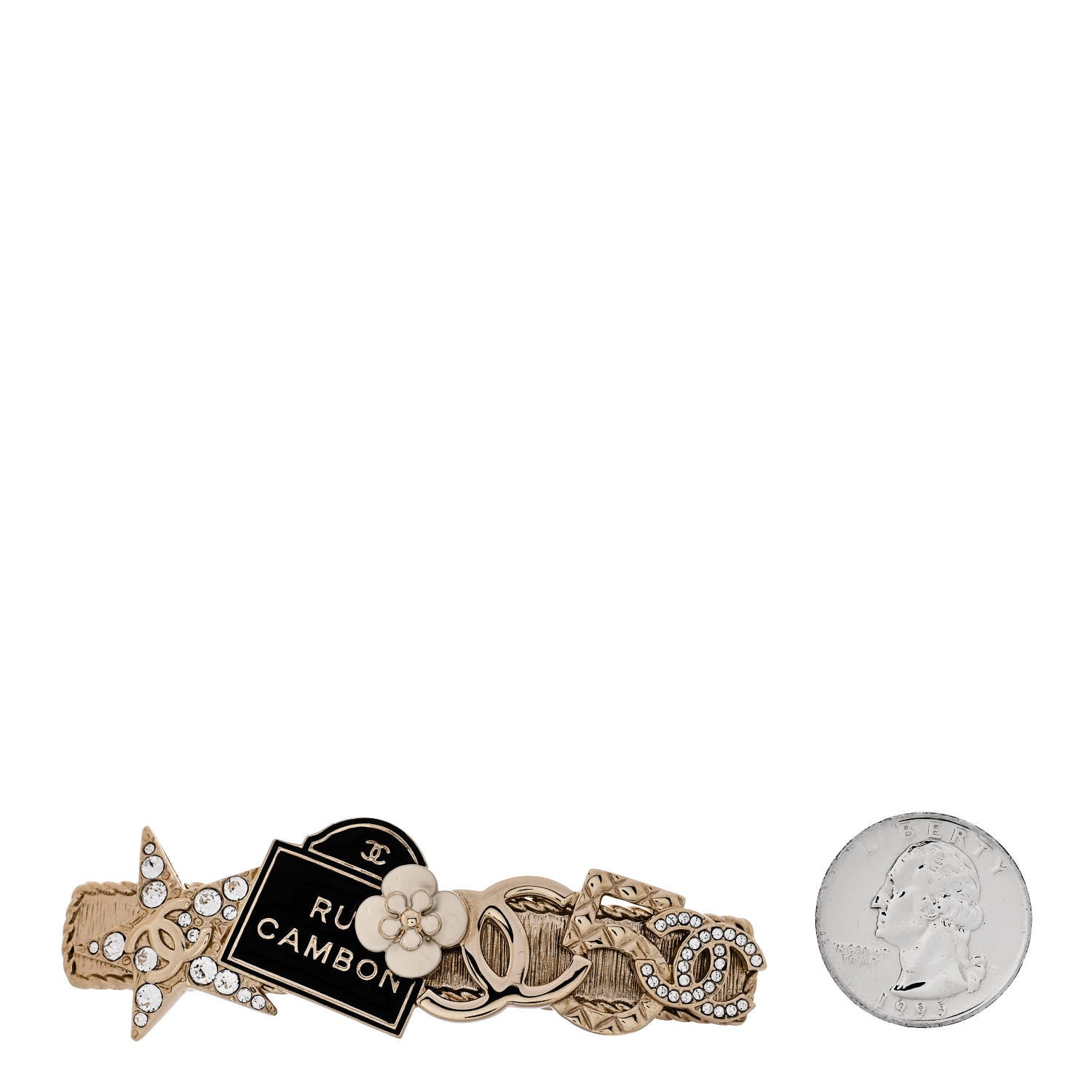 Chanel Metal Crystal CC Rue Cambon Hair Clip Gold Pearly White 2 of 5