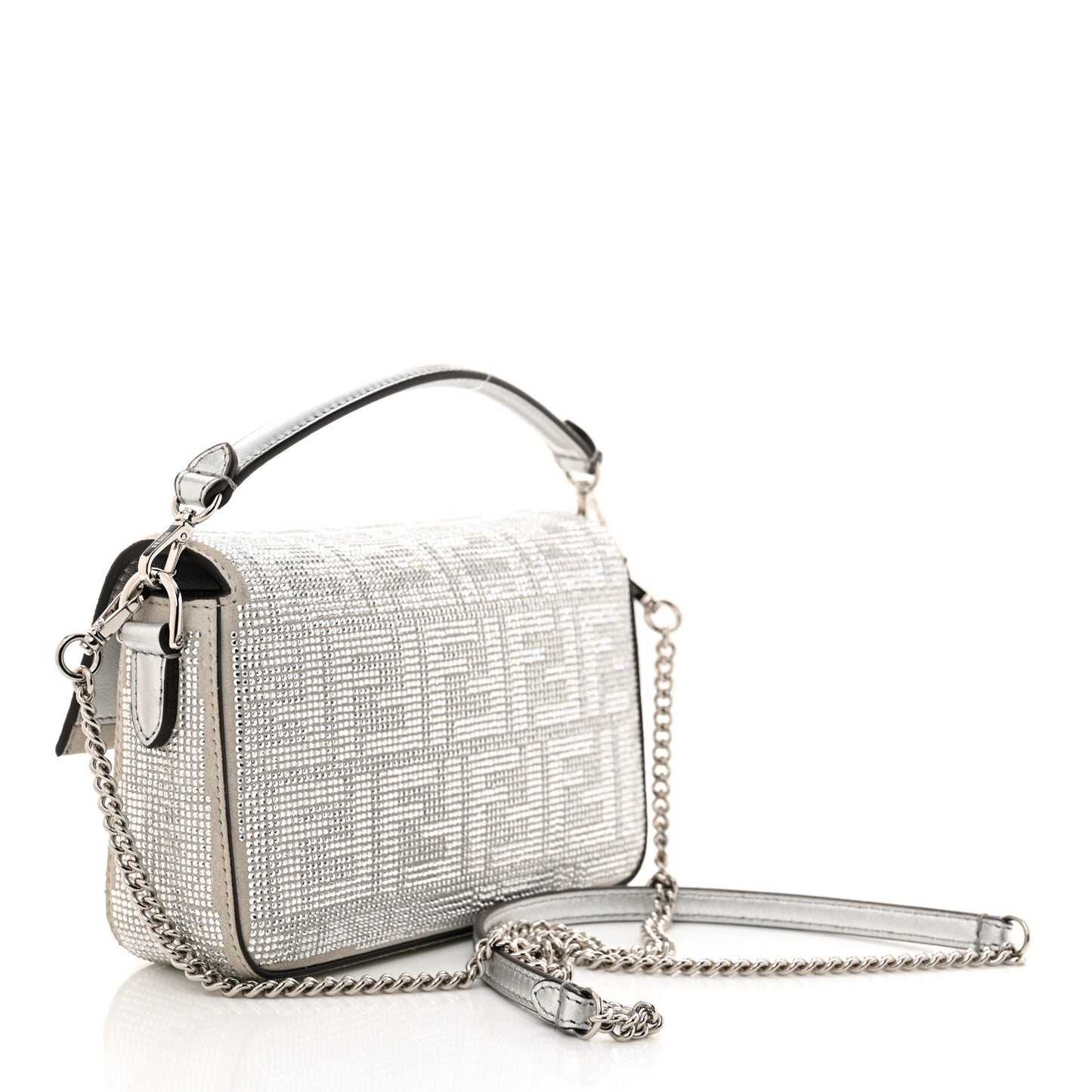 Crystal Vitello Laminato FF Mini Baguette Crystal Argento