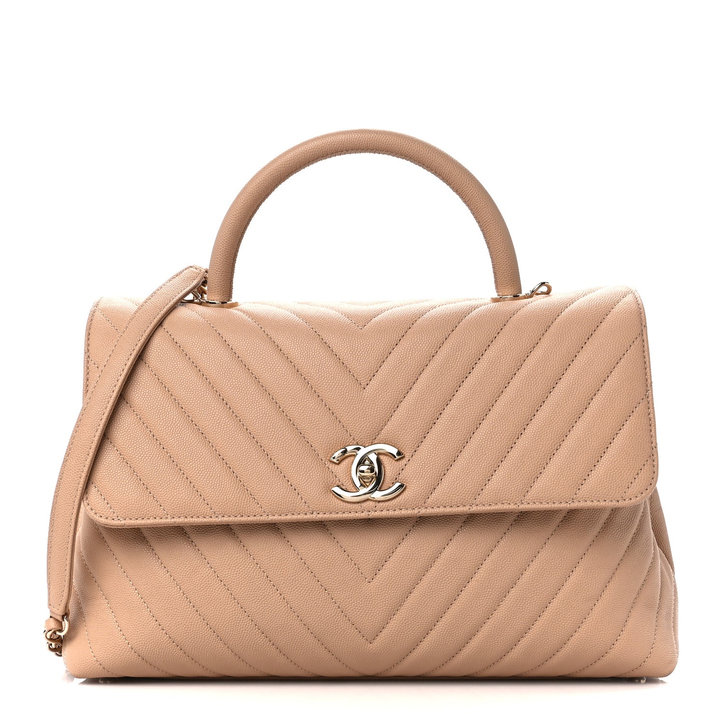 Caviar Chevron Quilted Medium Coco Handle Flap Beige