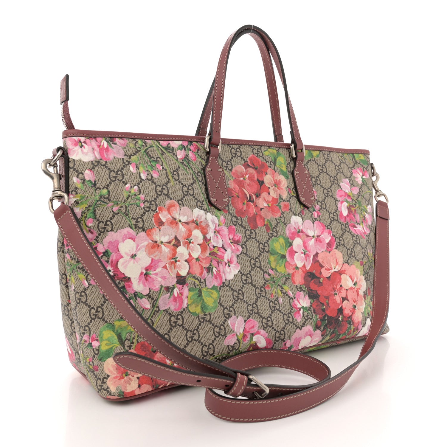 Gucci GG Supreme Monogram Blooms Medium Zippered Tote Beige Multicolor Dry Rose 3 of 12