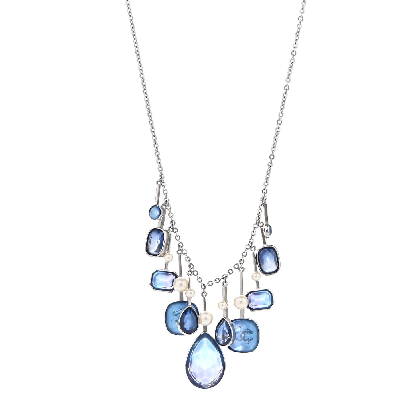 Crystal Pearl CC Necklace Silver Blue