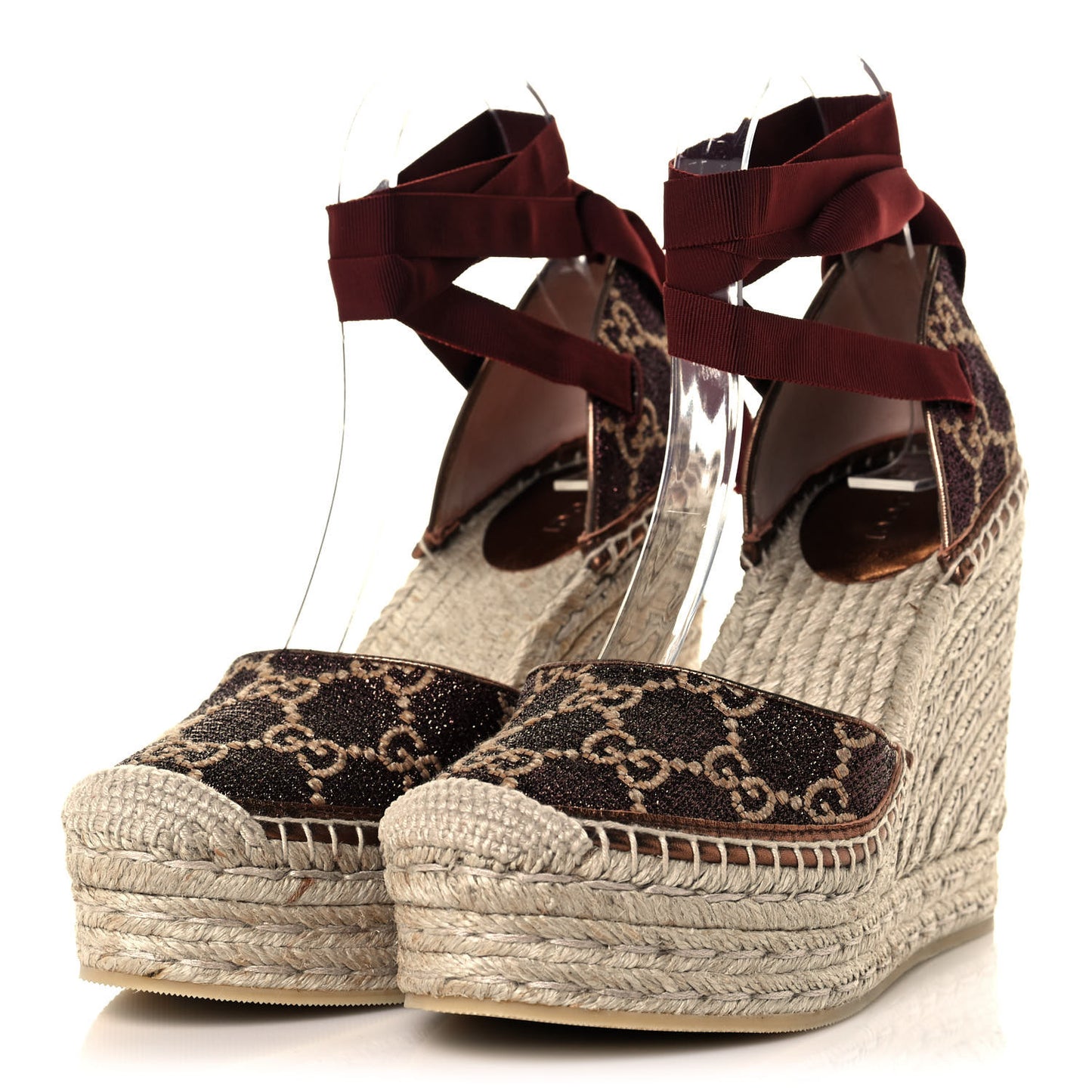 Lame GG Monogram Pilar SIlk Ankle Wrap Platform Espadrille Wedges 38.5 Brown