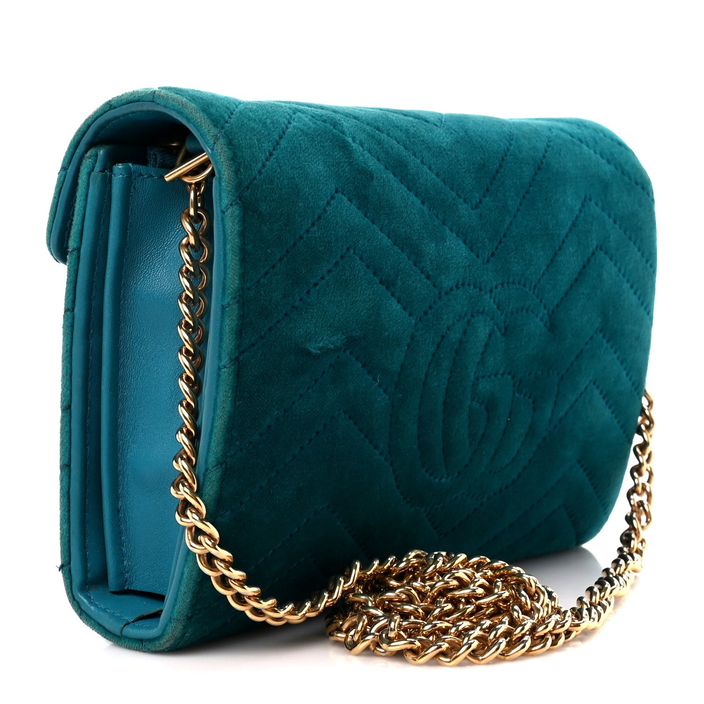 Velvet Matelasse GG Marmont Chain Wallet Pavone Cyan