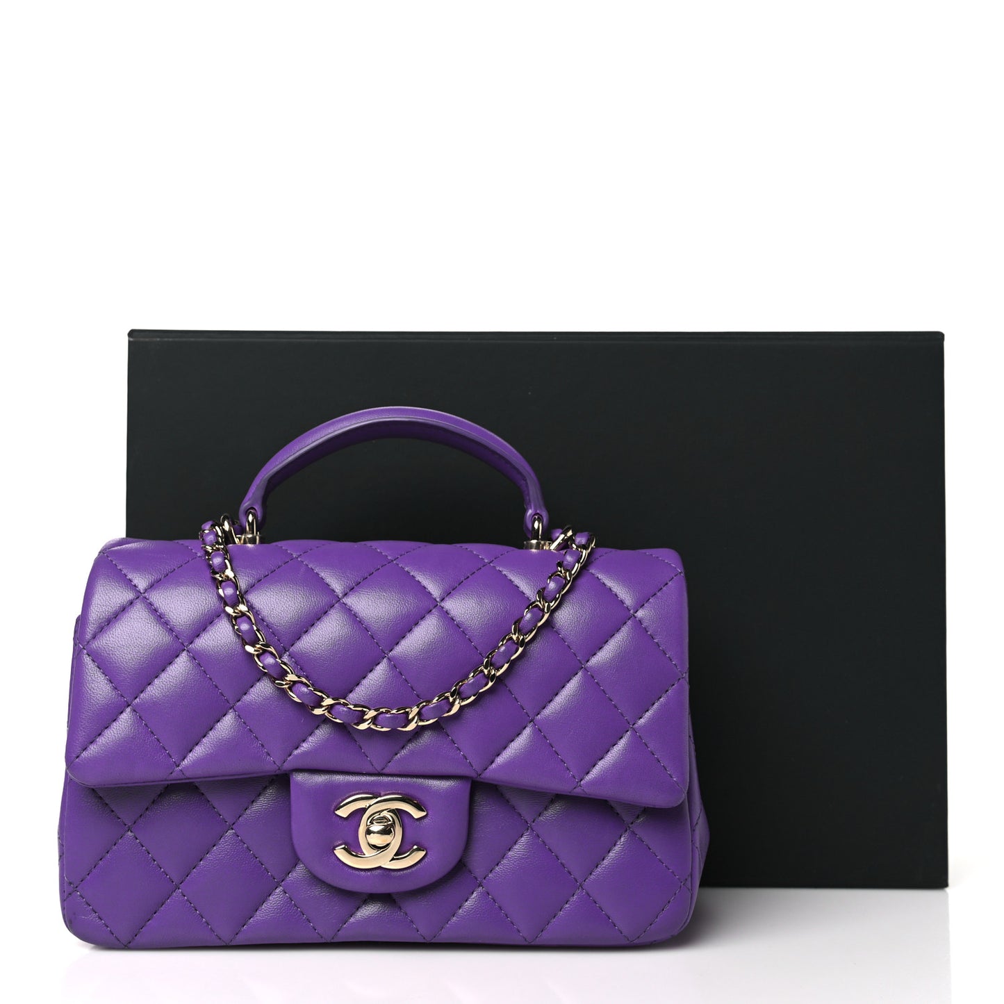 Lambskin Quilted Mini Top Handle Rectangular Flap Dark Purple