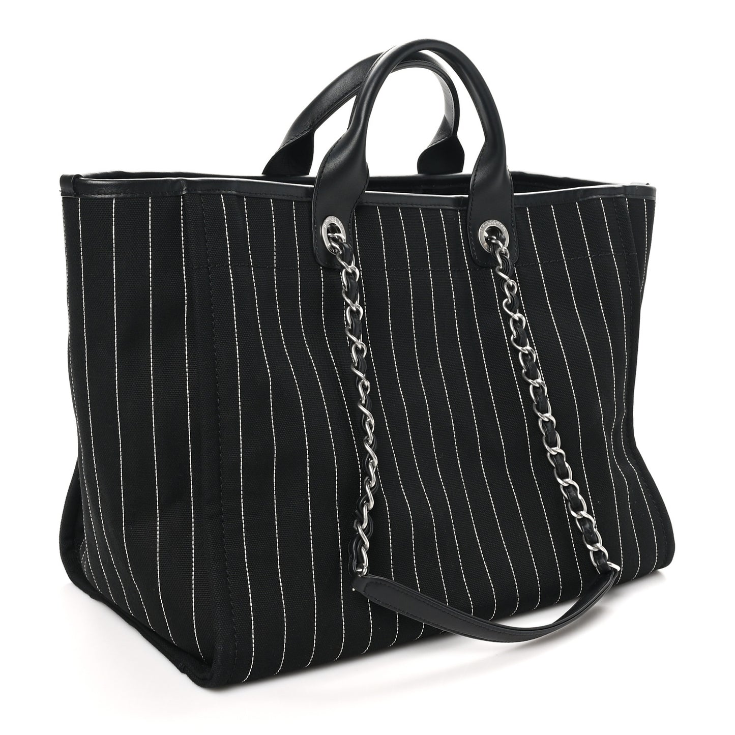 Canvas Calfskin Striped Medium Deauville Tote Black White