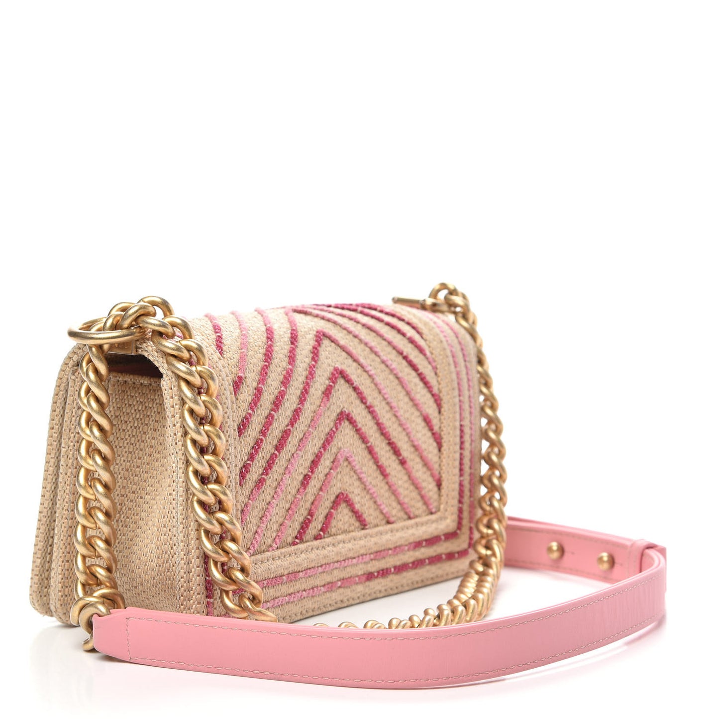 Cotton Canvas Calfskin Chevron Embroidered Small Boy Flap Beige Pink