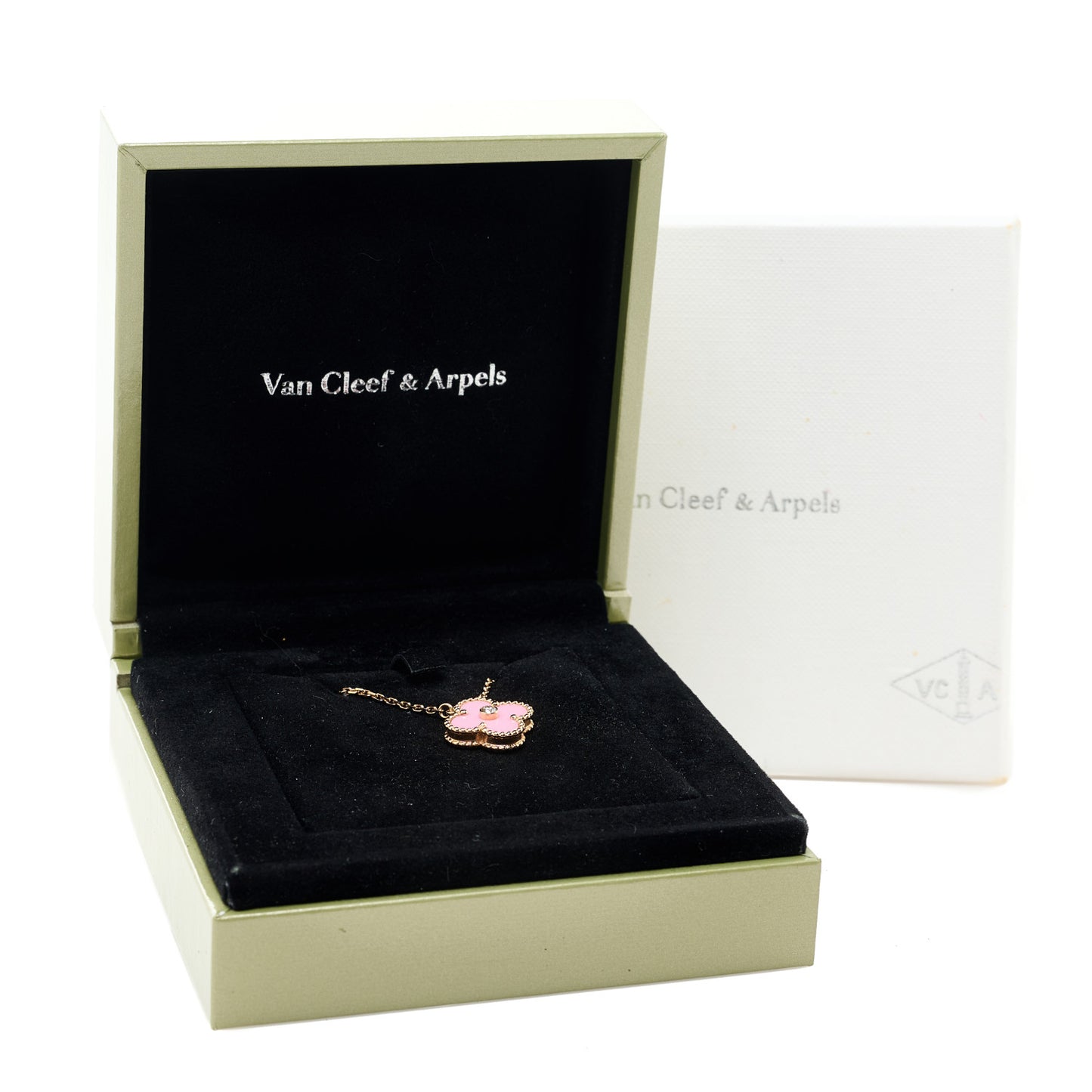 18K Rose Gold Diamond Pink Porcelain Vintage Alhambra Pendant Necklace
