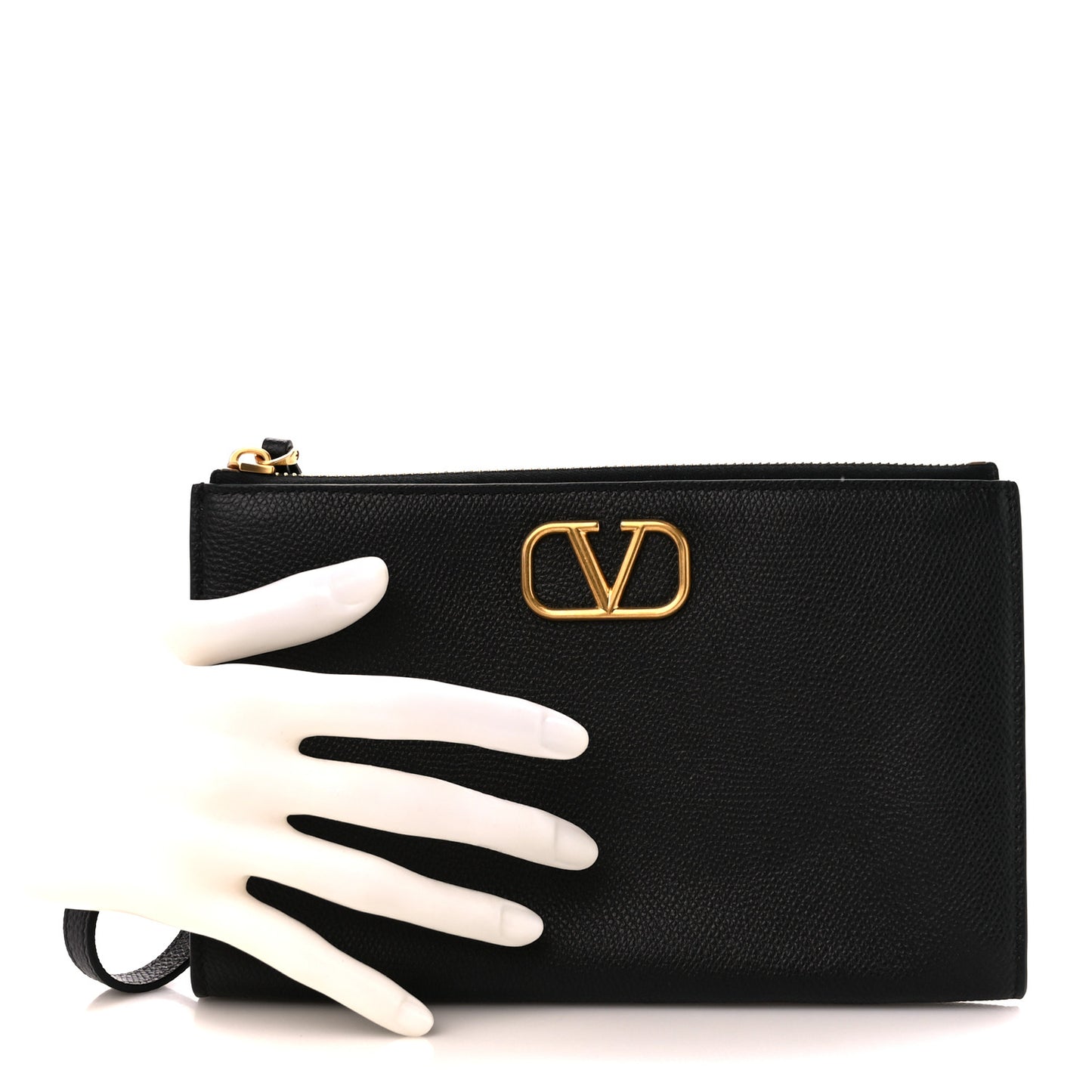 Grained Calfskin Vlogo Zip Wristlet Pouch Black